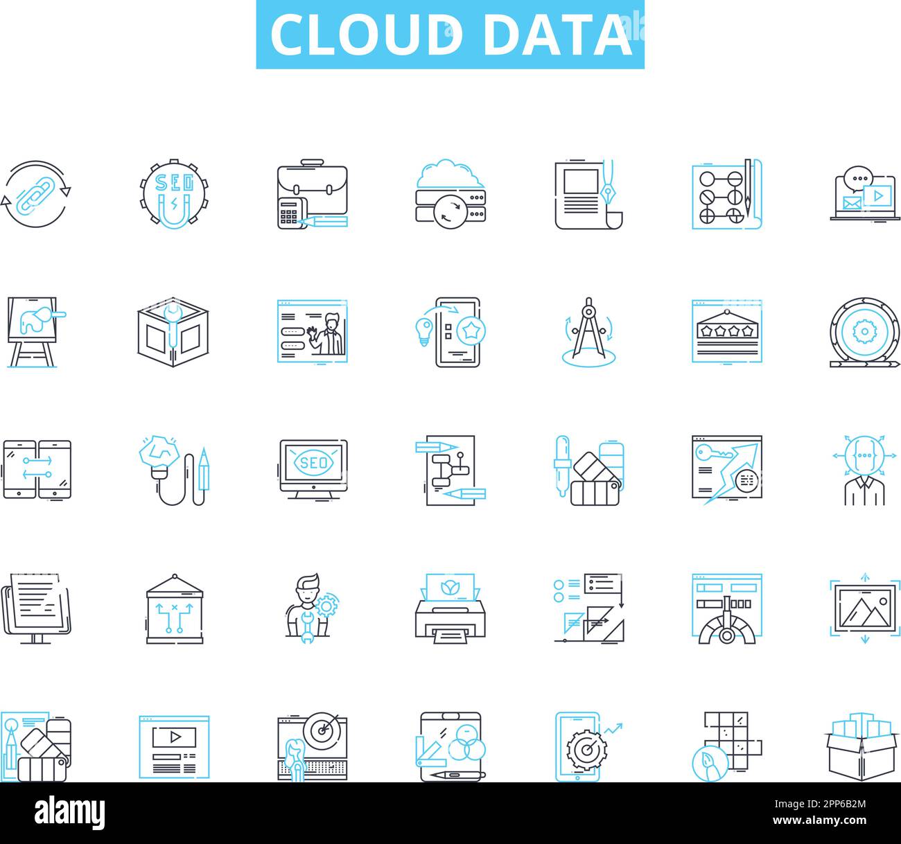 Set di icone lineari dei dati cloud. Sync, Backup, sicurezza, accessibilità, scalabilità, Flessibilità, vettore di linea di mobilità e segnali concettuali. Collaborazione Illustrazione Vettoriale