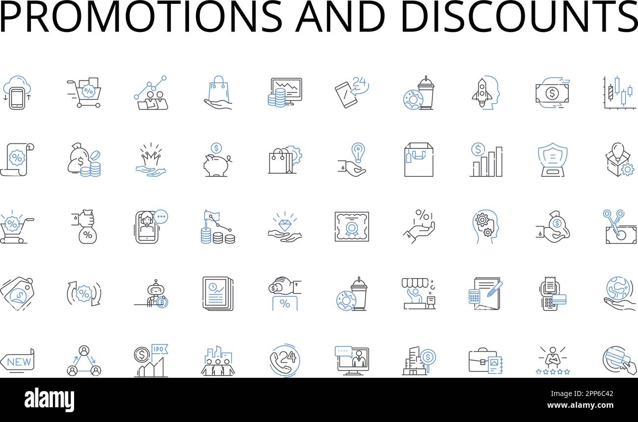 Promozioni e sconti linea icone collezione. Social, virale, influenzatore, condivisibile, coinvolgente, Trend, vettore Clickbait e illustrazione lineare Illustrazione Vettoriale