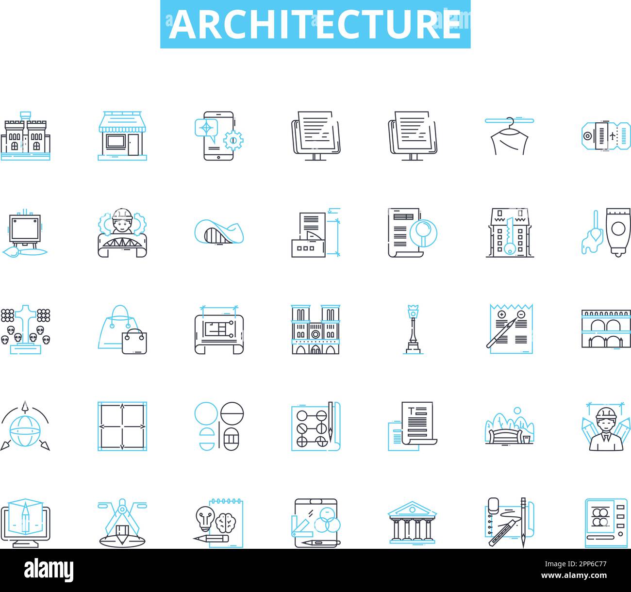 Set di icone lineari per architettura. Forma, funzione, progettazione, spazio, struttura, Innovazione, linee estetiche vettoriali e segnali concettuali. Materialità Illustrazione Vettoriale