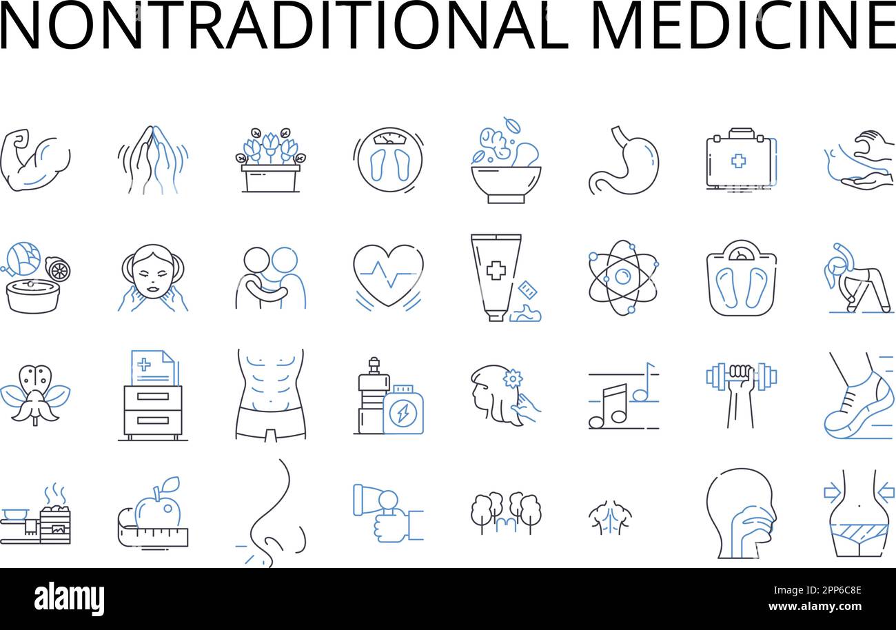 Collezione di icone della linea di medicina non tradizionale. Medicina alternativa, medicina complementare, medicina olistica, medicina integrativa, Naturopatia Illustrazione Vettoriale