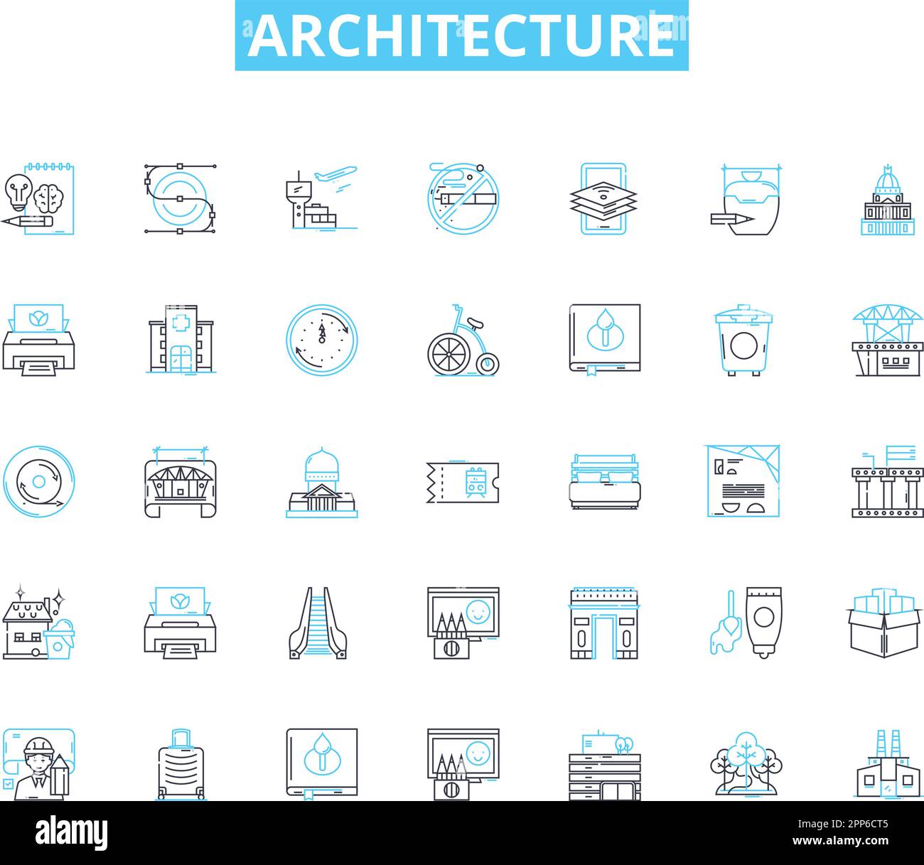 Set di icone lineari per architettura. Forma, funzione, progettazione, spazio, struttura, Innovazione, linee estetiche vettoriali e segnali concettuali. Materialità Illustrazione Vettoriale