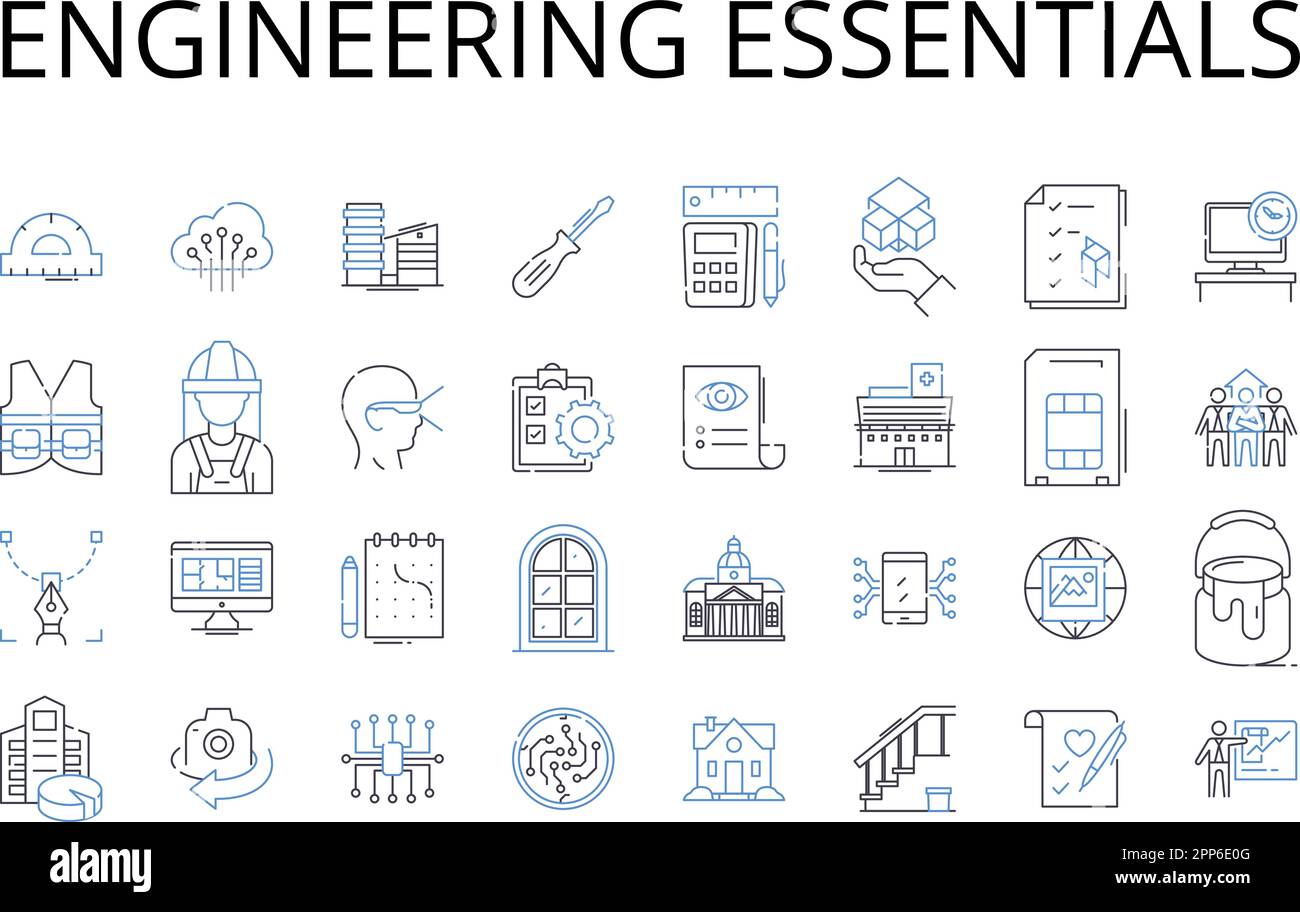 Collezione di icone della linea Engineering Essentials. Nozioni di base sulle aziende, concetti relativi ai computer, concetti di base sul marketing, termini tecnici, concetti relativi alle comunicazioni Illustrazione Vettoriale