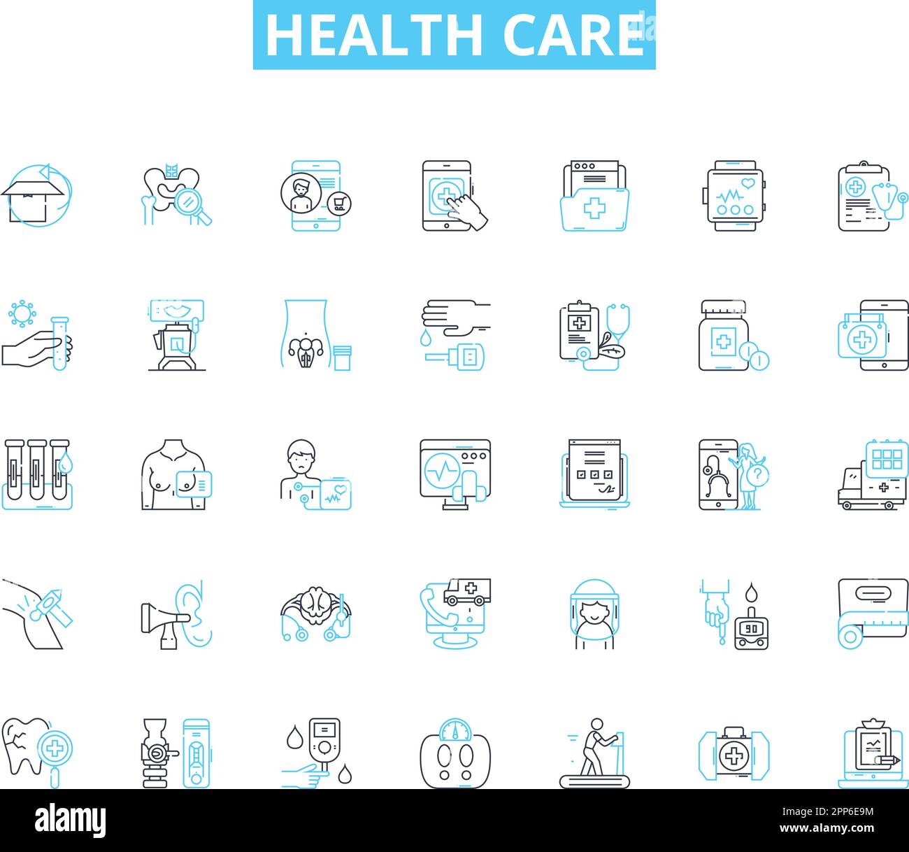 Set di icone lineari per l'assistenza sanitaria. Benessere, Medicina, assicurazione, prevenzione, Diagnosi, Riabilitazione, vettore di linea di emergenza e segnali concettuali. Chirurgia Illustrazione Vettoriale
