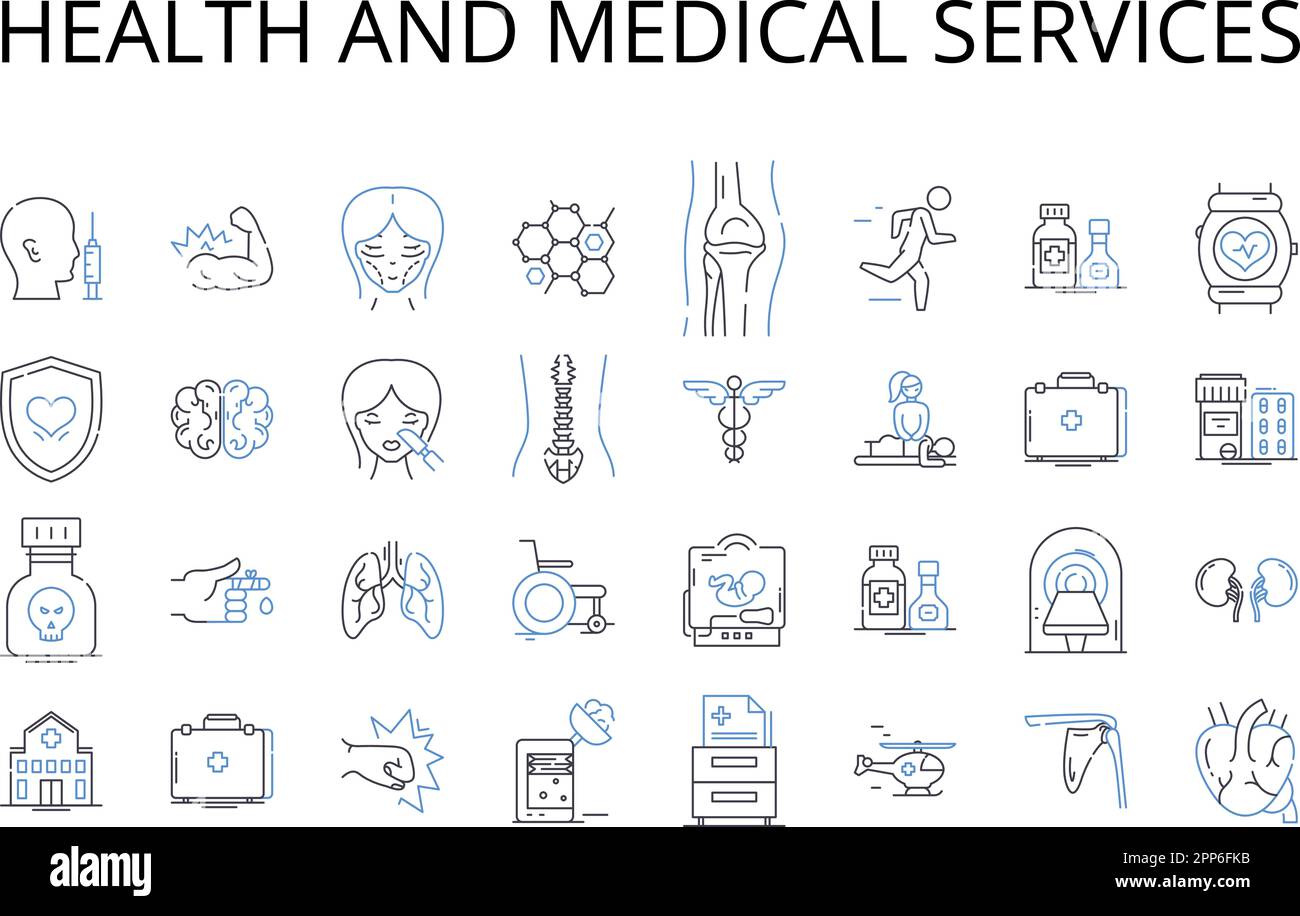 Raccolta di icone della linea di servizi sanitari e medici. Diritto e ordine, alimentazione e nutrizione, Educazione e apprendimento, Arte e cultura, Affari e Commercio Illustrazione Vettoriale