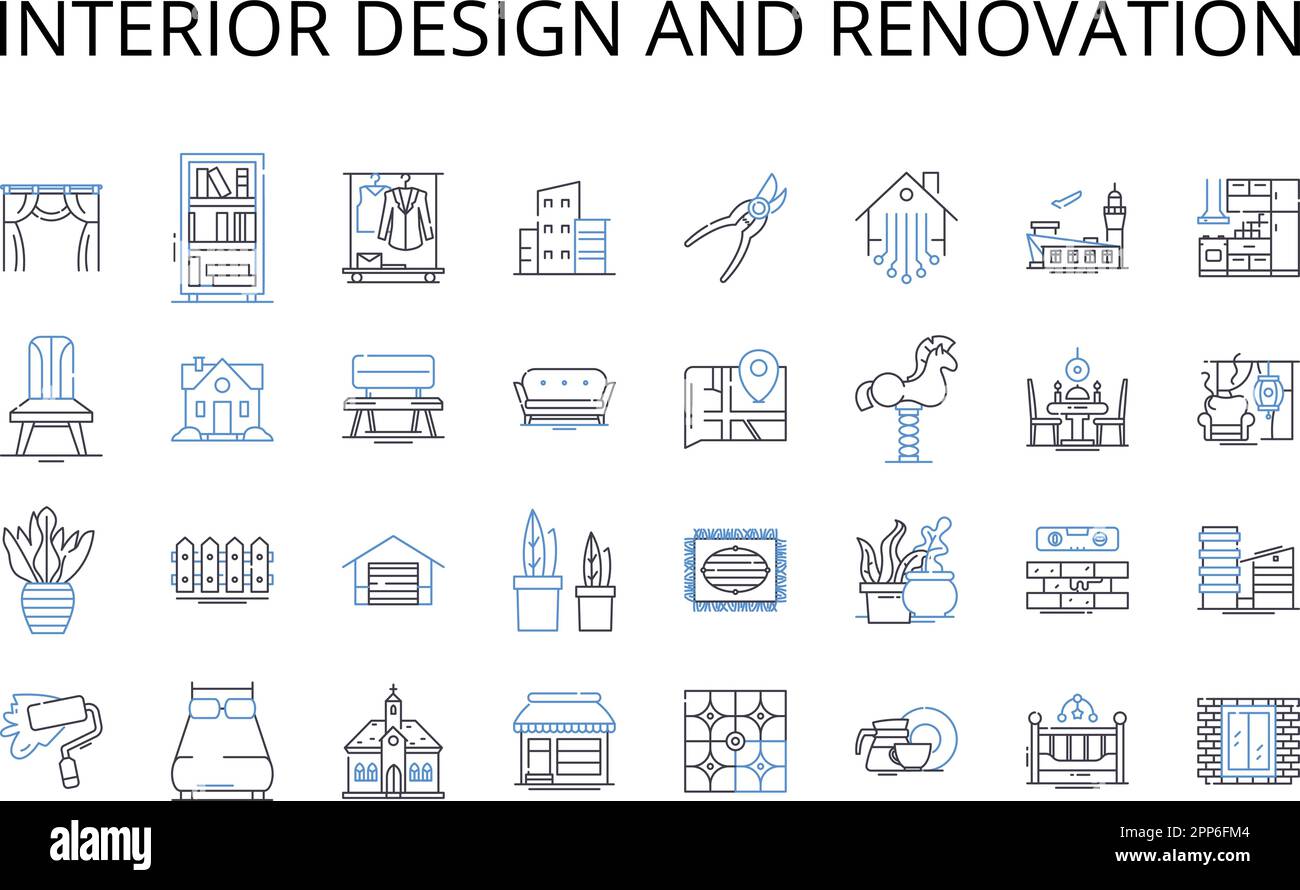 Collezione di icone di linea per il design degli interni e la ristrutturazione. Miglioramento domestico, decorazione, rimodellamento, makeover, ristrutturazione, Riprogettare, rielaborare il vettore e. Illustrazione Vettoriale