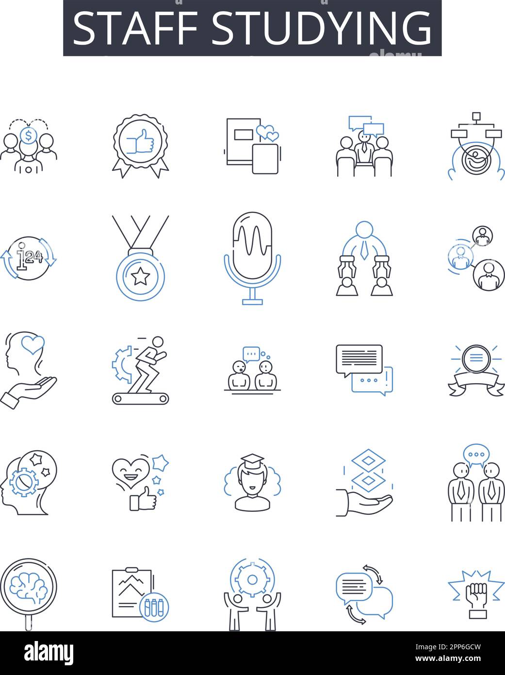 Personale che studia la collezione di icone di linea. Apprendimento dei dipendenti, formazione del team, formazione del personale, ricerca del personale, analisi della forza lavoro, Squadra di lavoro, personale Illustrazione Vettoriale