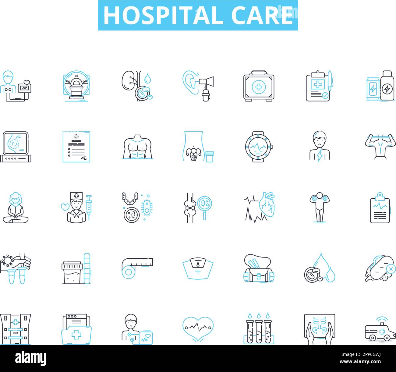 Set di icone lineari per l'assistenza ospedaliera. Trattamento, emergenza, Chirurgia, Medicina, infermieri, Segni del paziente, del vettore della linea di riabilitazione e dei concetti. Dolore, paziente interno Illustrazione Vettoriale