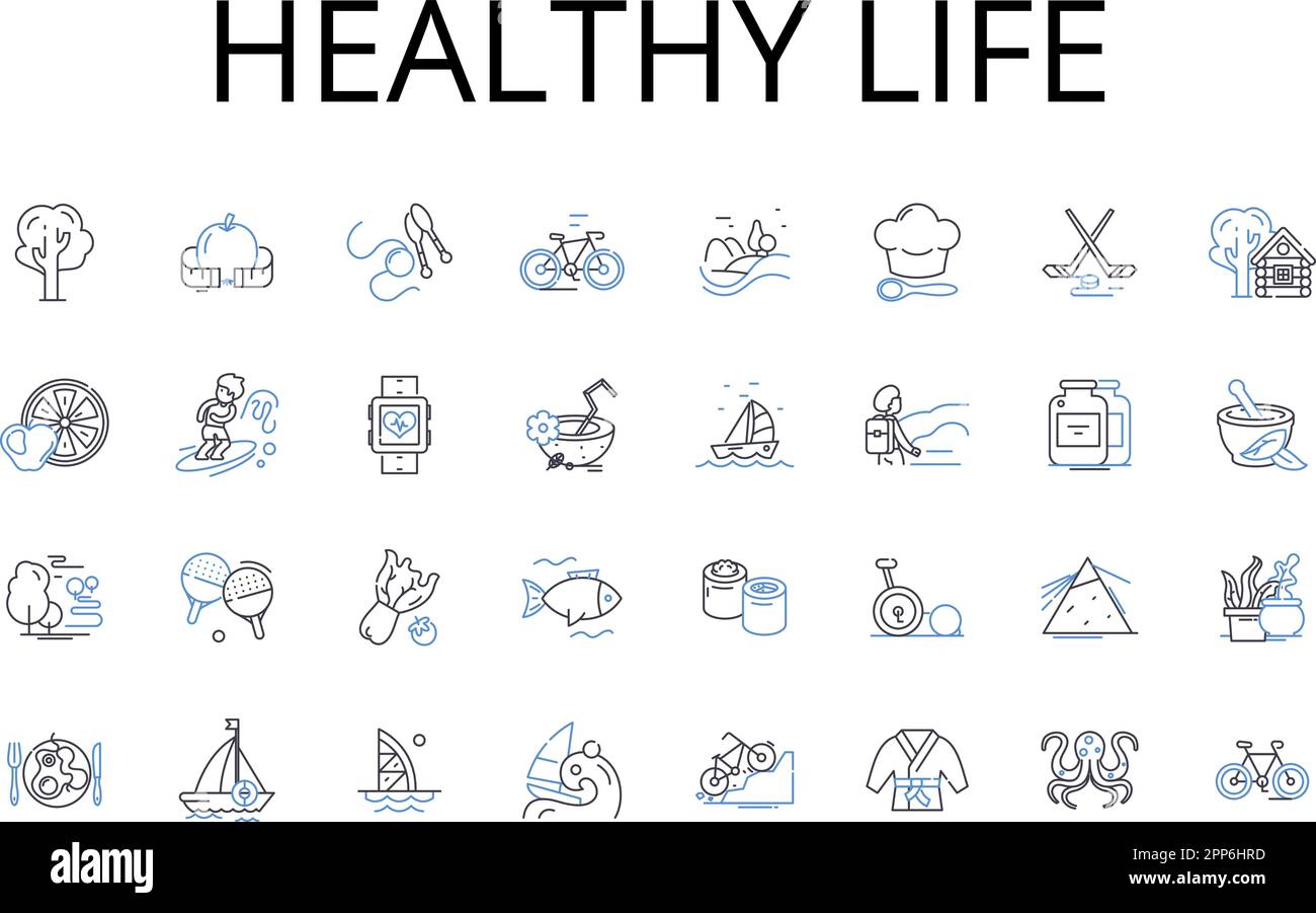 Collezione di icone linea di vita sana. Benessere, salute ottimale, vita sana, solidità, Fitness, Stile di vita nutriente, vettore di robustezza e. Illustrazione Vettoriale