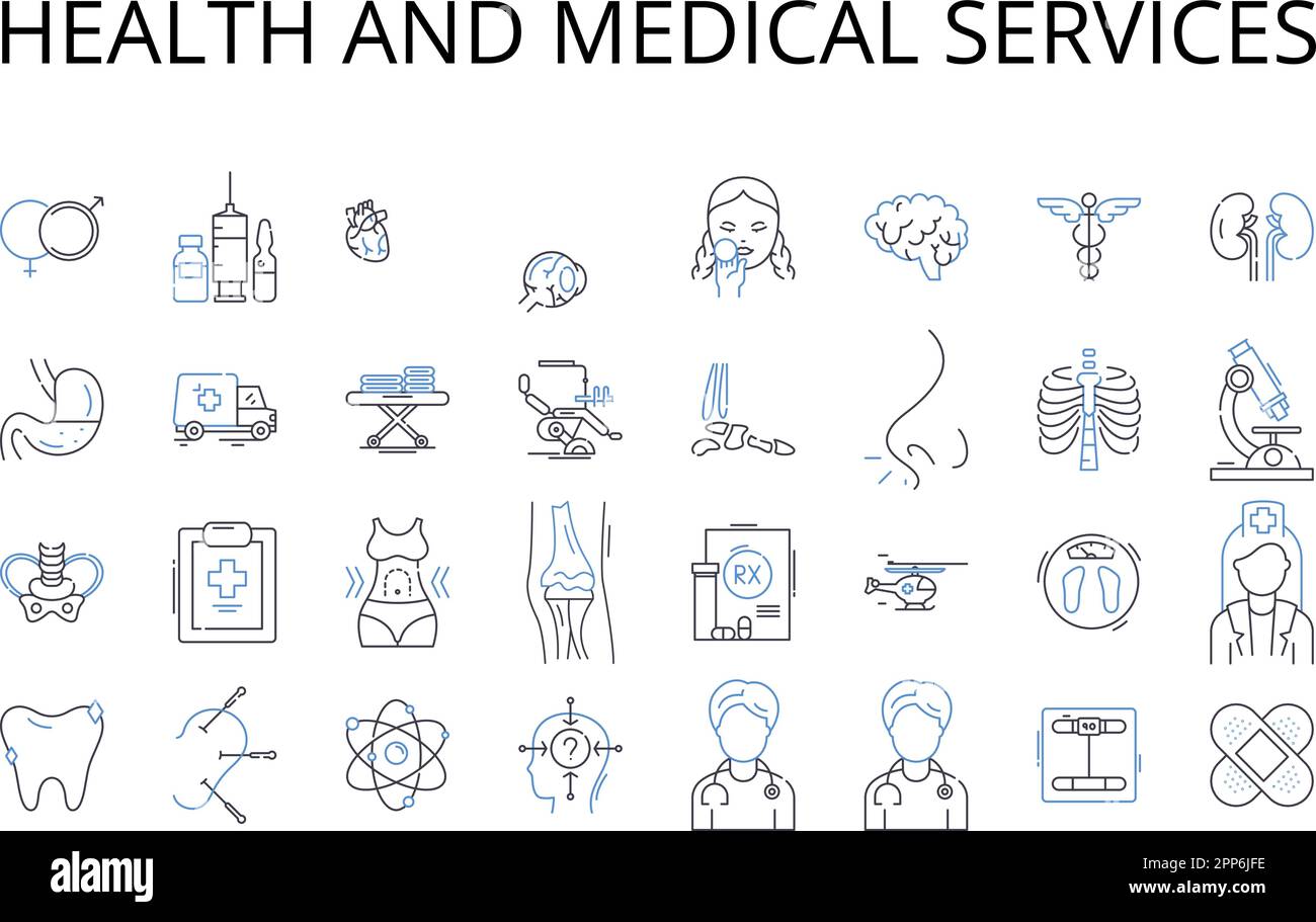 Raccolta di icone della linea di servizi sanitari e medici. Diritto e ordine, alimentazione e nutrizione, Educazione e apprendimento, Arte e cultura, Affari e Commercio Illustrazione Vettoriale