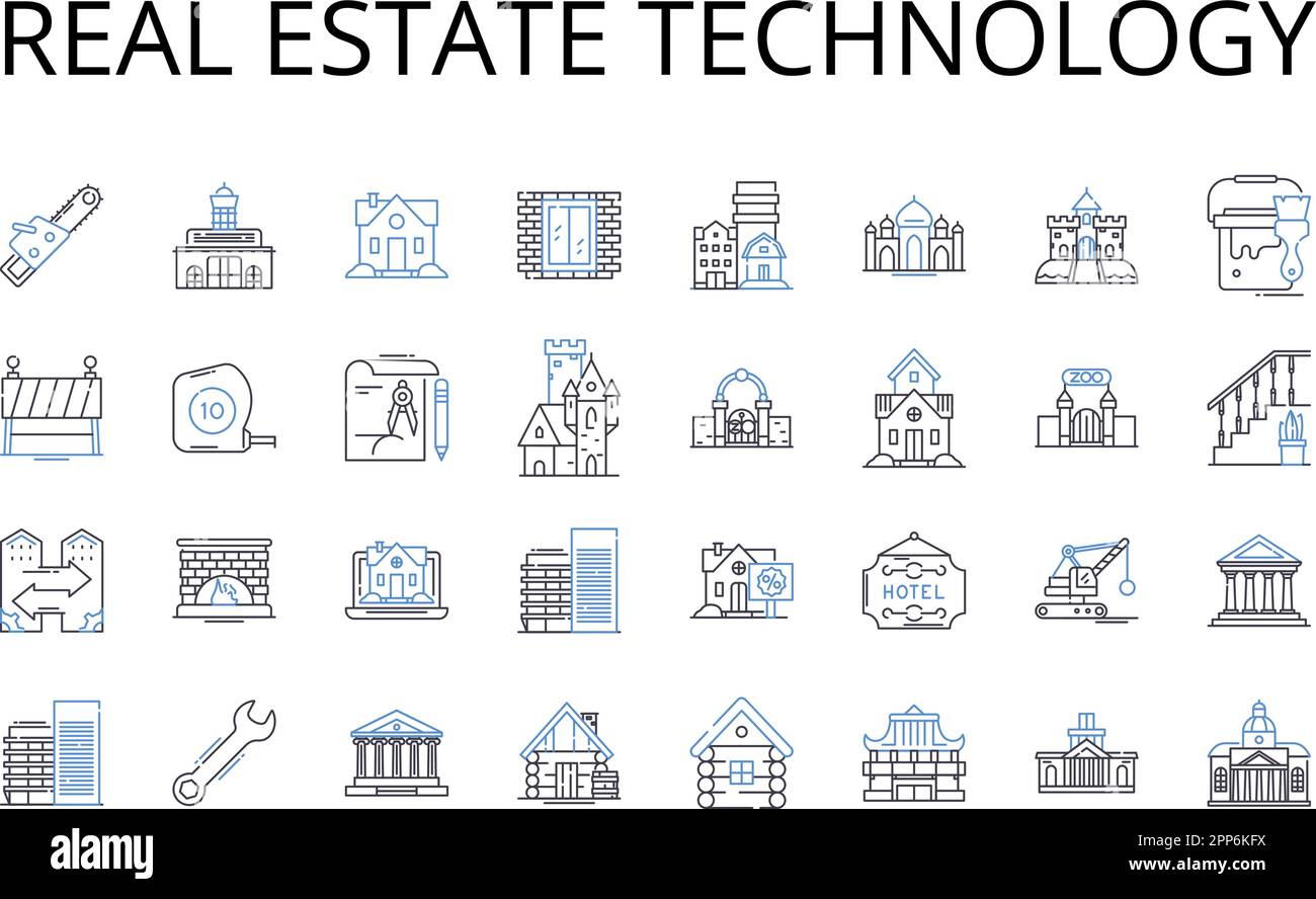 Real Estate tecnologia linea icone raccolta. PropTech, tecnologia immobiliare, tecnologia realty, tecnologia Smart Buildings, tecnologia CRE, Innovazione immobiliare Illustrazione Vettoriale