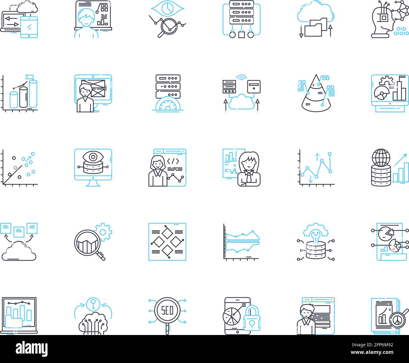 Set di icone lineari per la pianificazione degli eventi. Logistica, coordinamento, progettazione, esecuzione, Catering, Animazione, decorazione vettoriale e segnaletica concettuale Illustrazione Vettoriale