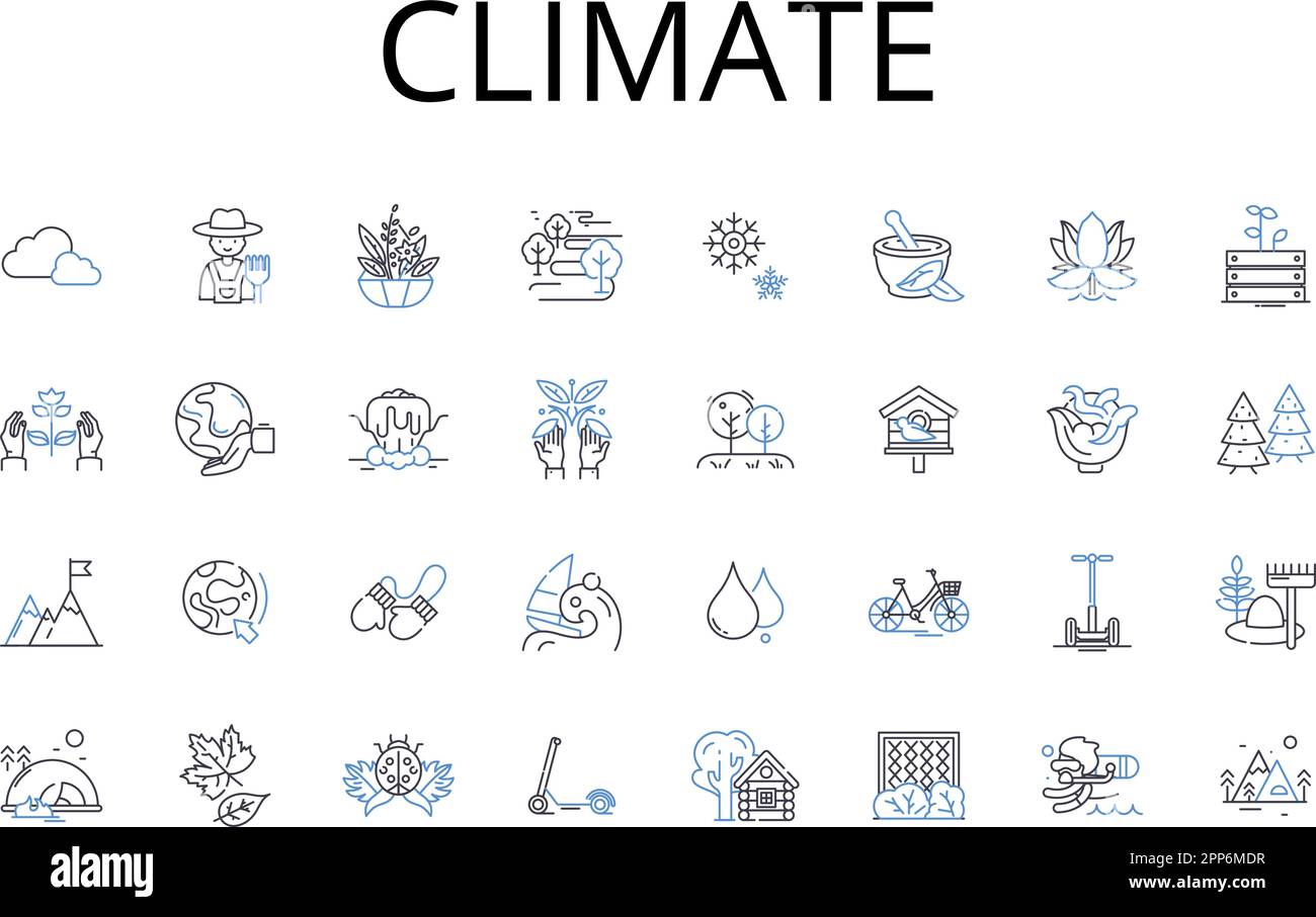 Collezione di icone della linea climatica. Ambiente, atmosfera, tempo, temperatura, Ecologia, Biosfera, vettore ecosistema e illustrazione lineare Illustrazione Vettoriale