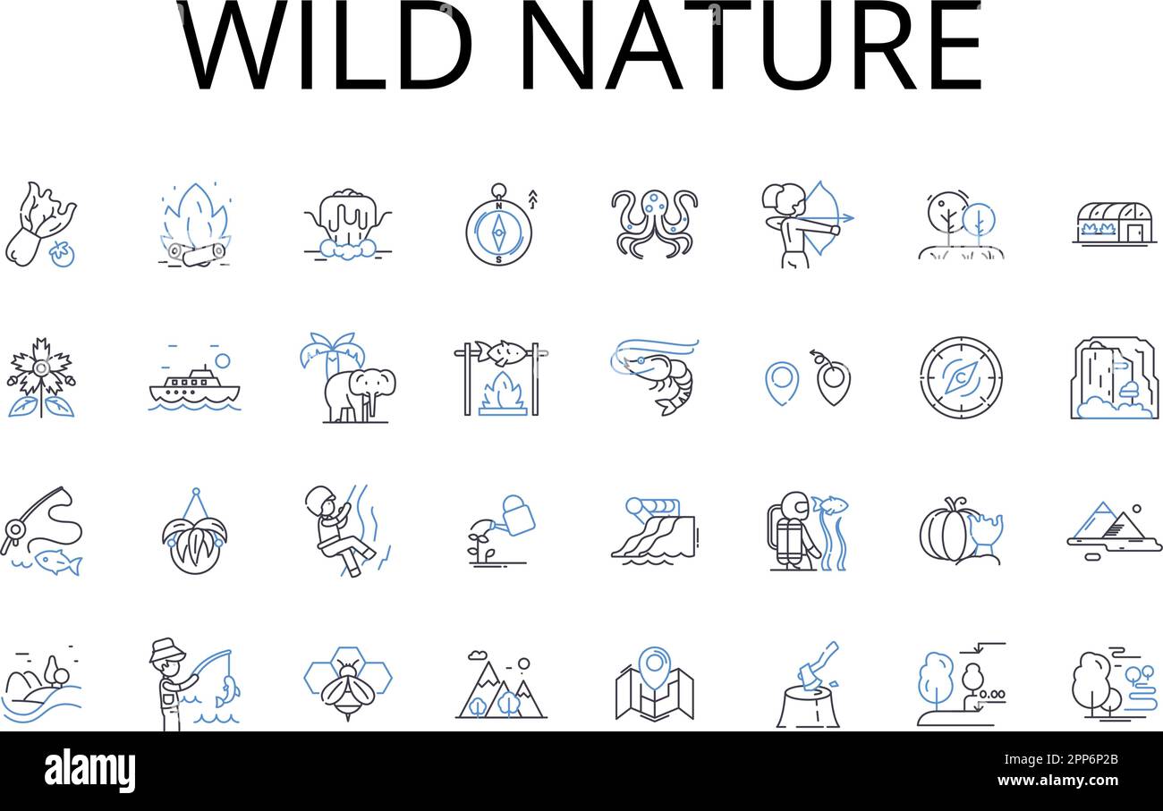 Collezione di icone linea natura selvaggia. Incredibile bellezza, paesaggi vasti, natura selvaggia senza confini, orizzonti infiniti, montagne maestose, Paradiso esotico Illustrazione Vettoriale