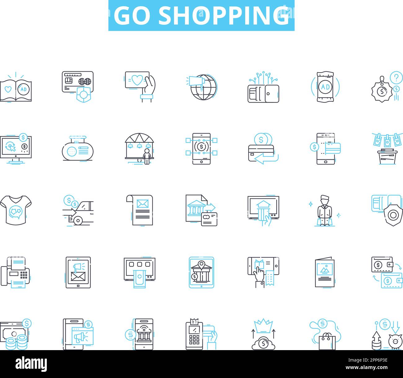 Vai shopping lineare icone set. Retail, Mall, alimentari, Boutique, Megastore, Outlet, linea di carrelli e segnaletica concettuale. Grande magazzino Illustrazione Vettoriale