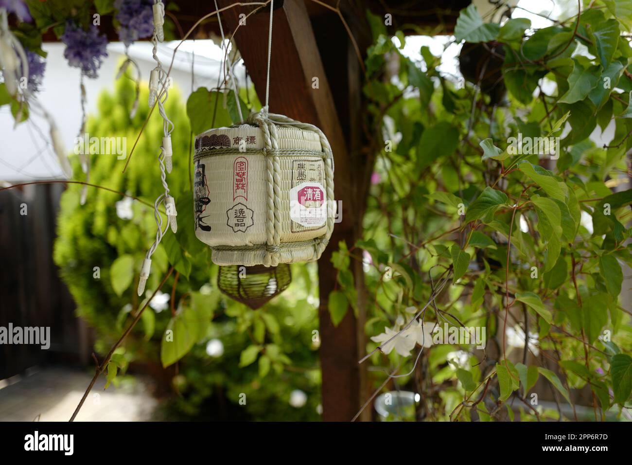 Il Sake Barrel Giapponese usato come decorazione Foto Stock