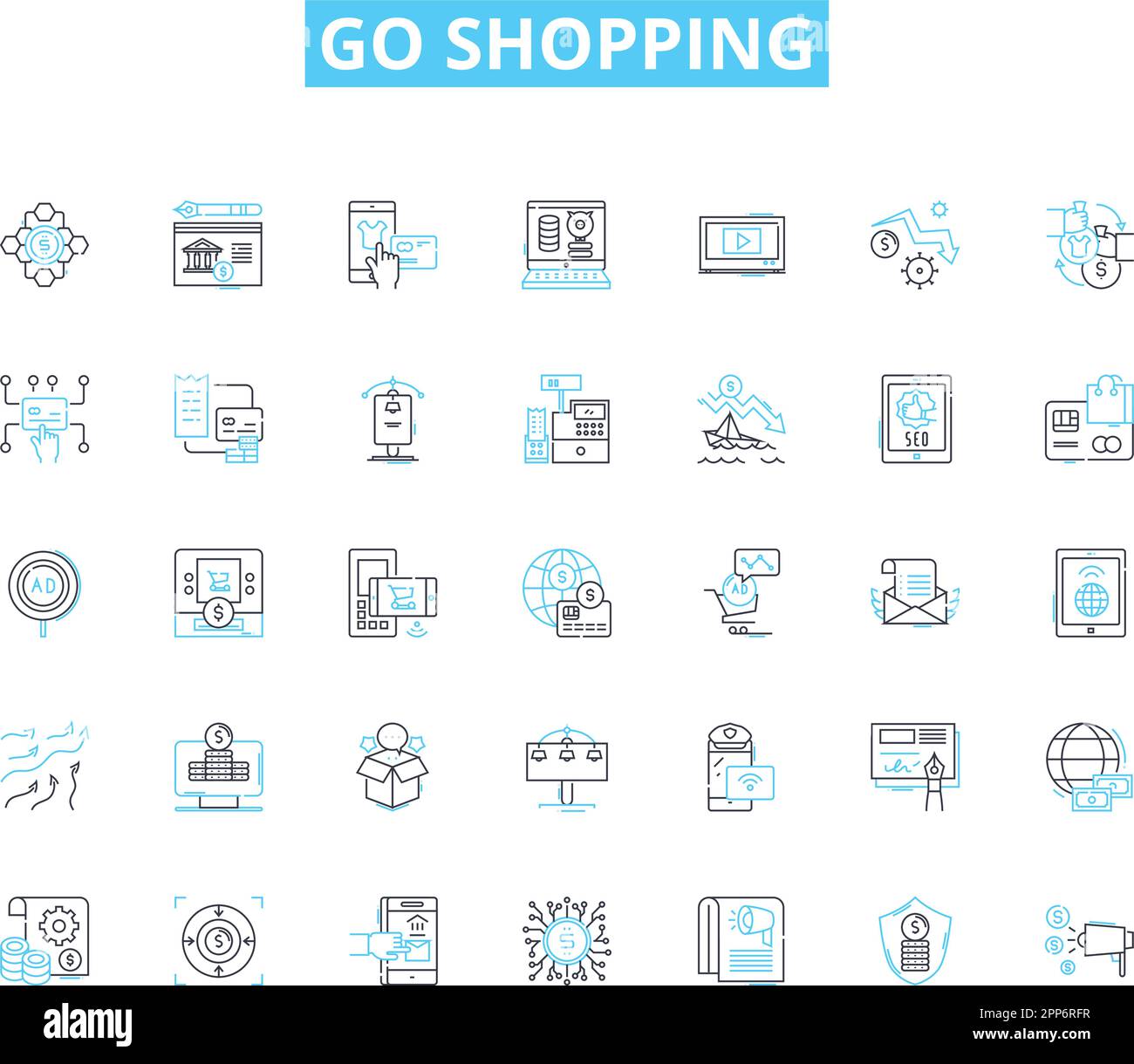 Vai shopping lineare icone set. Retail, Mall, alimentari, Boutique, Megastore, Outlet, linea di carrelli e segnaletica concettuale. Grande magazzino Illustrazione Vettoriale