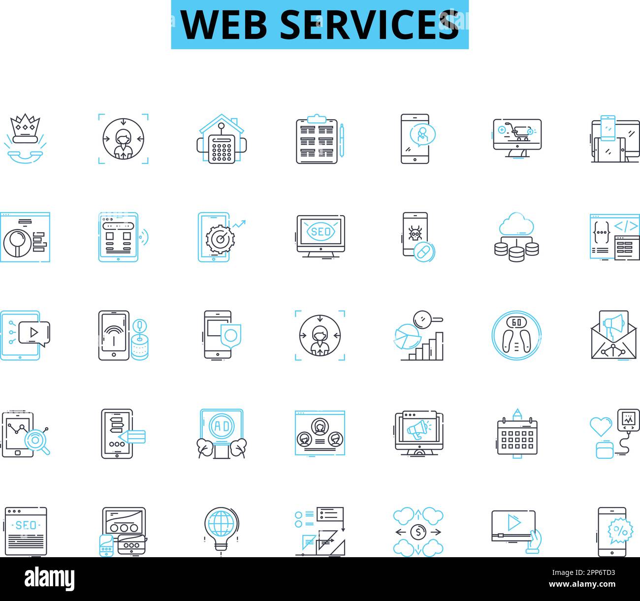 Set di icone lineari dei servizi Web. Integrazione, sicurezza, API, scalabilità, microservizi, Cloud, vettore di linea XML e segnali concettuali. REST, SOAP, JSON Illustrazione Vettoriale