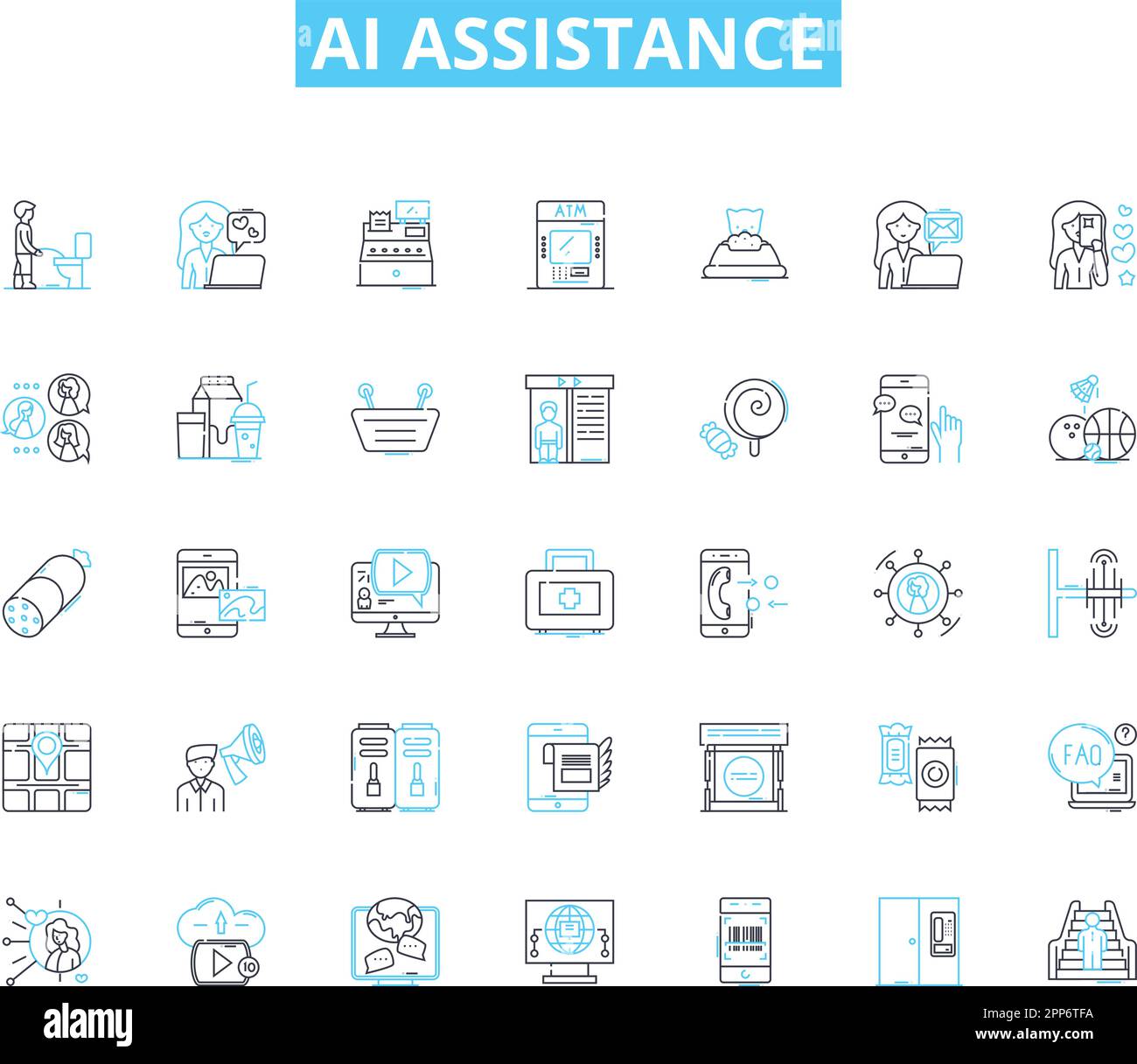 Icone lineari di assistenza ai impostate. intelligente, automatizzato, reattivo, chatbot, virtuale, segnali di concetto e vettori di linea algoritmici ad attivazione vocale Illustrazione Vettoriale