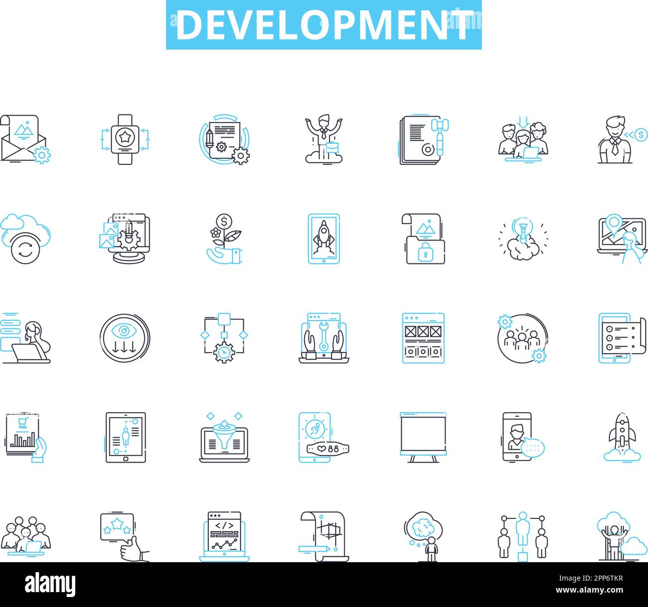 Set di icone lineari di sviluppo. Progresso, crescita, avanzamento, innovazione, evoluzione, Trasformazione, vettore di linea di maturazione e segni concettuali Illustrazione Vettoriale