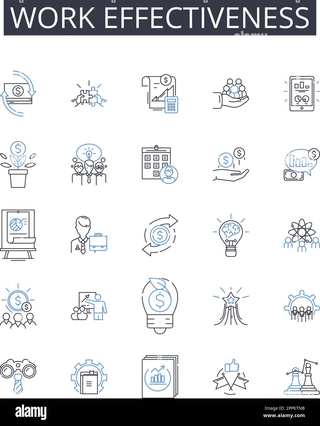 Raccolta di icone della linea di efficacia del lavoro. Sinergia del team, coinvolgimento dei dipendenti, efficienza delle attività, produttività delle riunioni, gestione del tempo, Utilizzo delle competenze Illustrazione Vettoriale