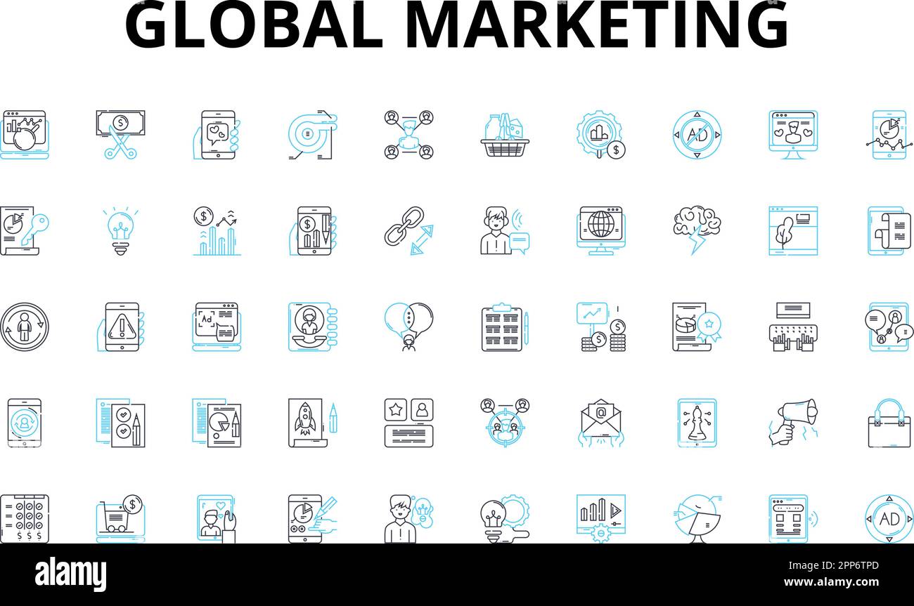 Set di icone lineari per il marketing globale. globalizzazione, diversità culturale, segmentazione del mercato, branding, internazionalizzazione, adattamento, localizzazione Illustrazione Vettoriale