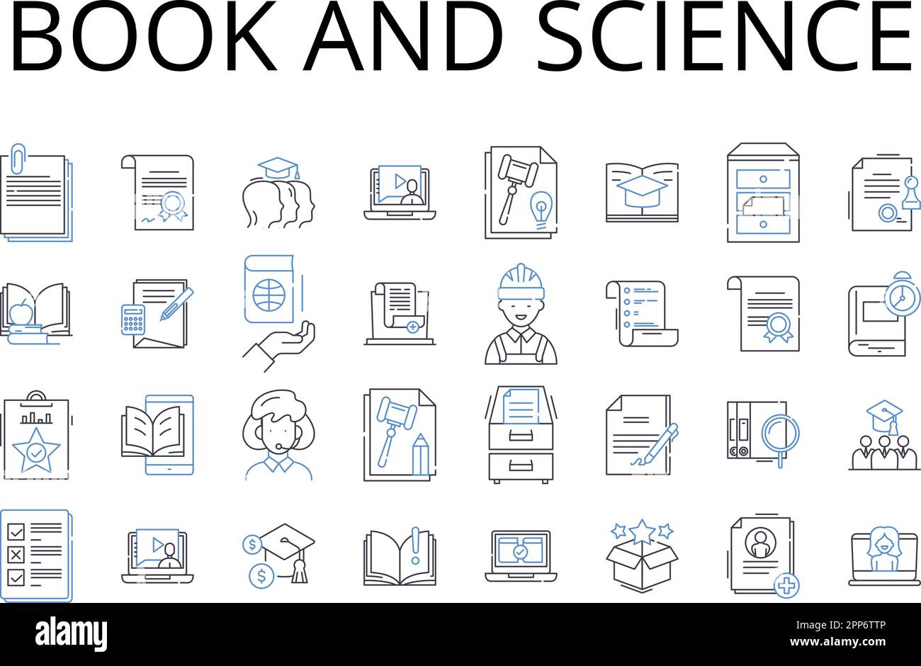 Collezione di icone della linea del libro e della scienza. Volume e ricerca, manoscritto e conoscenza, Tomo e fisica, Pubblicazione e biologia, Codex e chimica Illustrazione Vettoriale