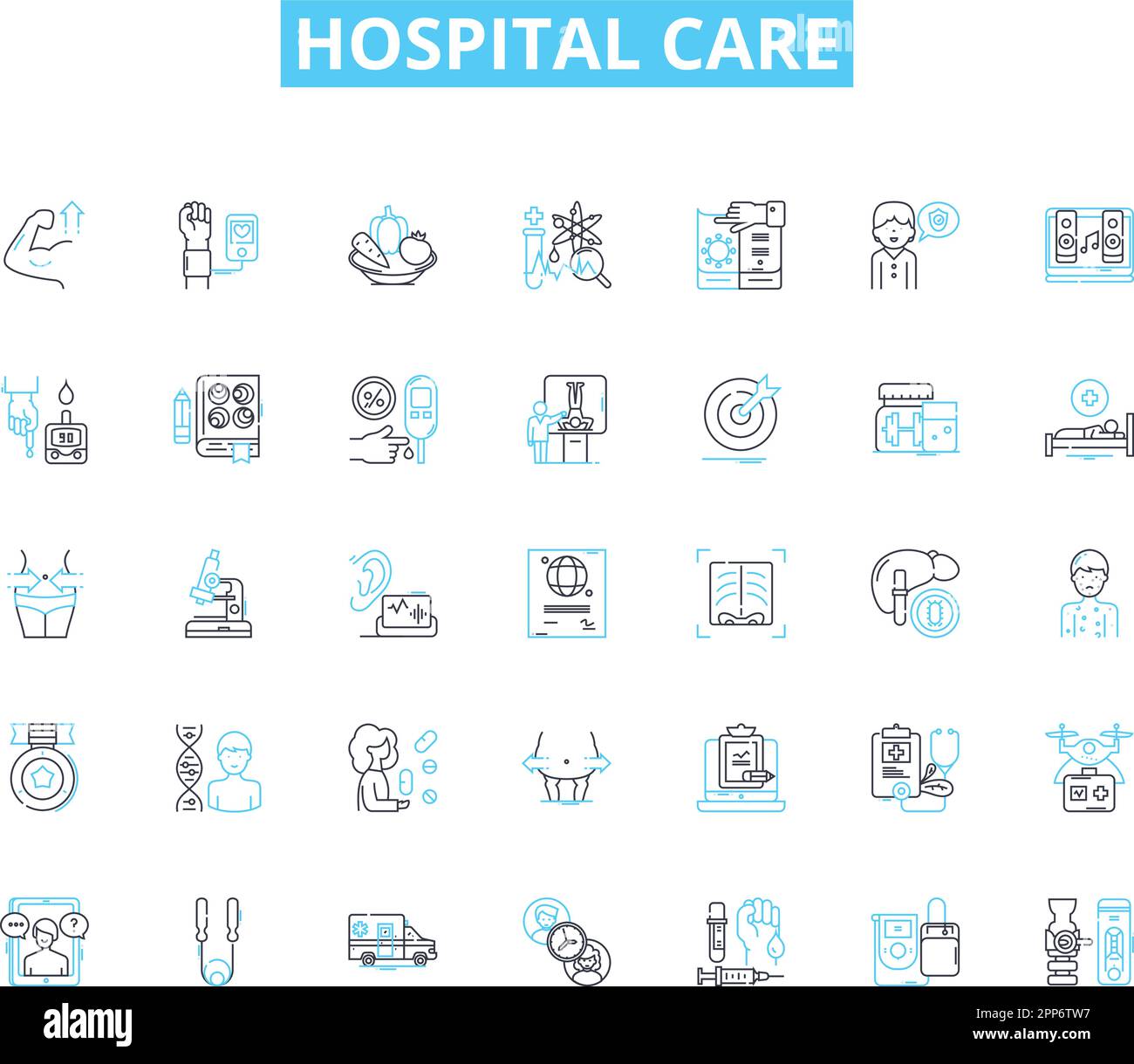 Set di icone lineari per l'assistenza ospedaliera. Trattamento, emergenza, Chirurgia, Medicina, infermieri, Segni del paziente, del vettore della linea di riabilitazione e dei concetti. Dolore, paziente interno Illustrazione Vettoriale