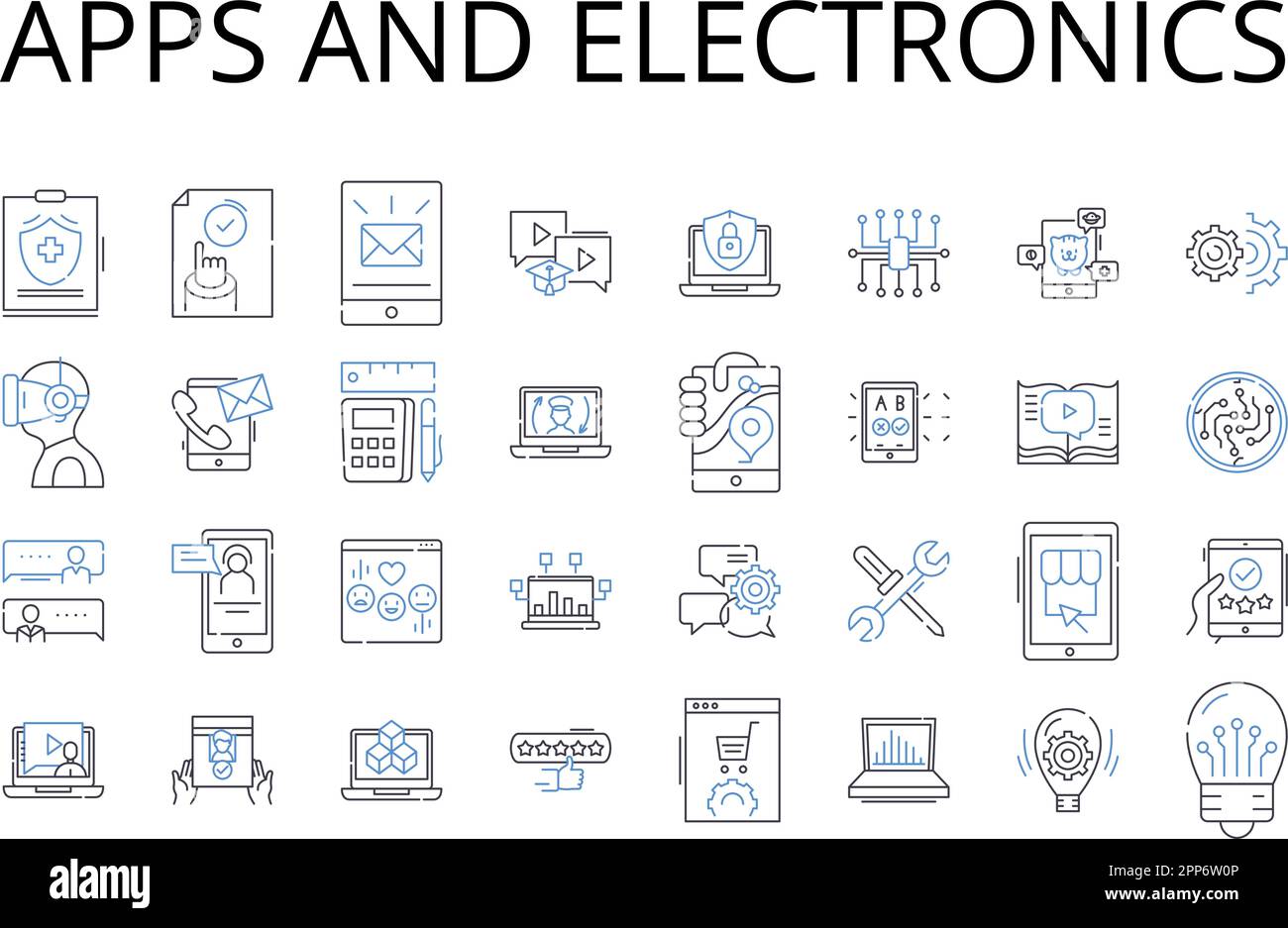 Raccolta di icone delle linee di applicazioni ed elettronica. Computer e dispositivi, veicoli e trasporti, Abbigliamento e abbigliamento, cibo e cucina, Musica e.. Illustrazione Vettoriale