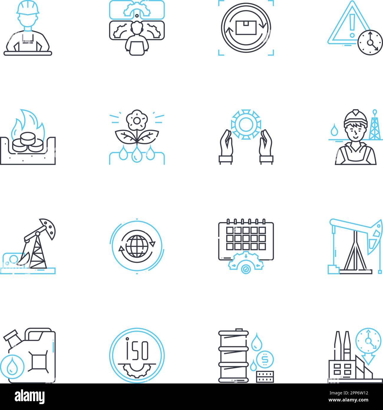 Set di icone lineari della linea di assieme. Automazione, efficienza, produzione, macchinari, trasportatori, Robotica, linee di produzione vettoriali e segnali concettuali. Massa Illustrazione Vettoriale