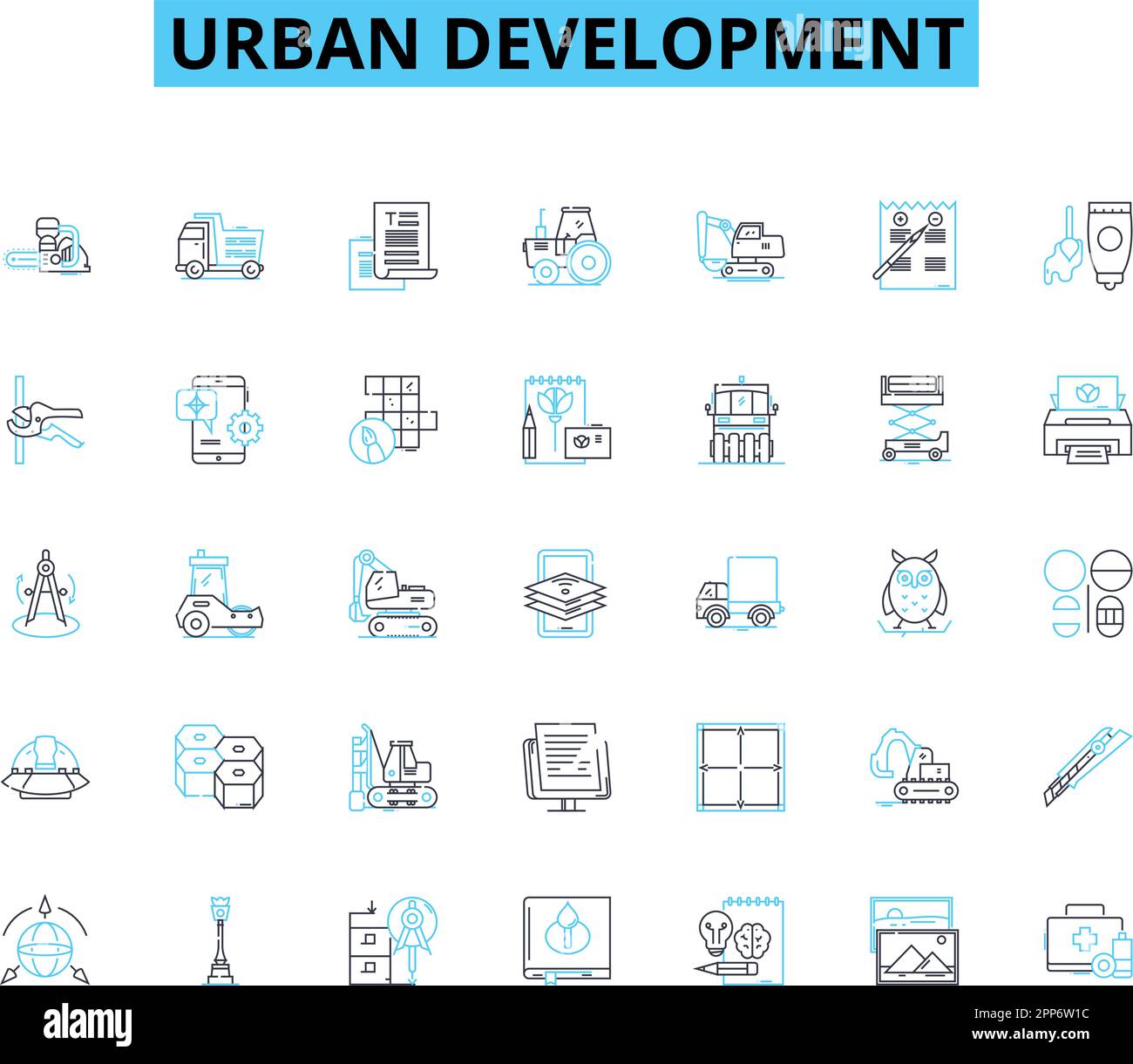 Set di icone lineari per lo sviluppo urbano. Gentrificazione, sviluppo, densità, infrastruttura, zonizzazione, Proliferazione, rivitalizzazione vettore di linea e concetto Illustrazione Vettoriale