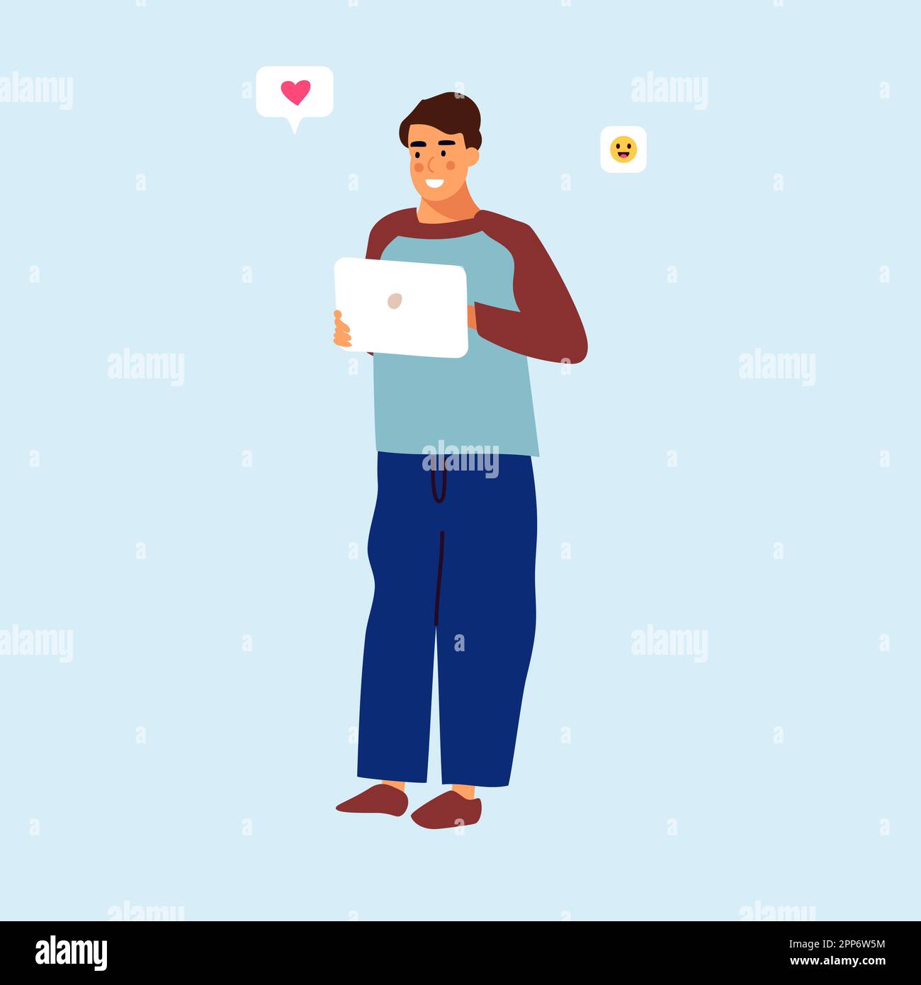 Persone che utilizzano il telefono. Personaggio maschile con smartphone. Web Messenger. Conversazione in rete. Simpatico ragazzo che tiene in mano il dispositivo mobile. Comunicazione via Internet. Icone emoji sorridenti e a mano. Vettore uomo chattando online Illustrazione Vettoriale