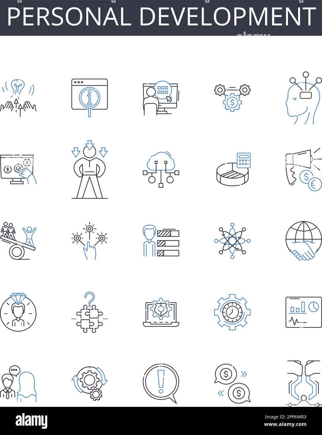 Collezione di icone della linea di sviluppo personale. Auto-miglioramento, crescita professionale, miglioramento delle competenze, progressione della carriera, sviluppo delle competenze Illustrazione Vettoriale