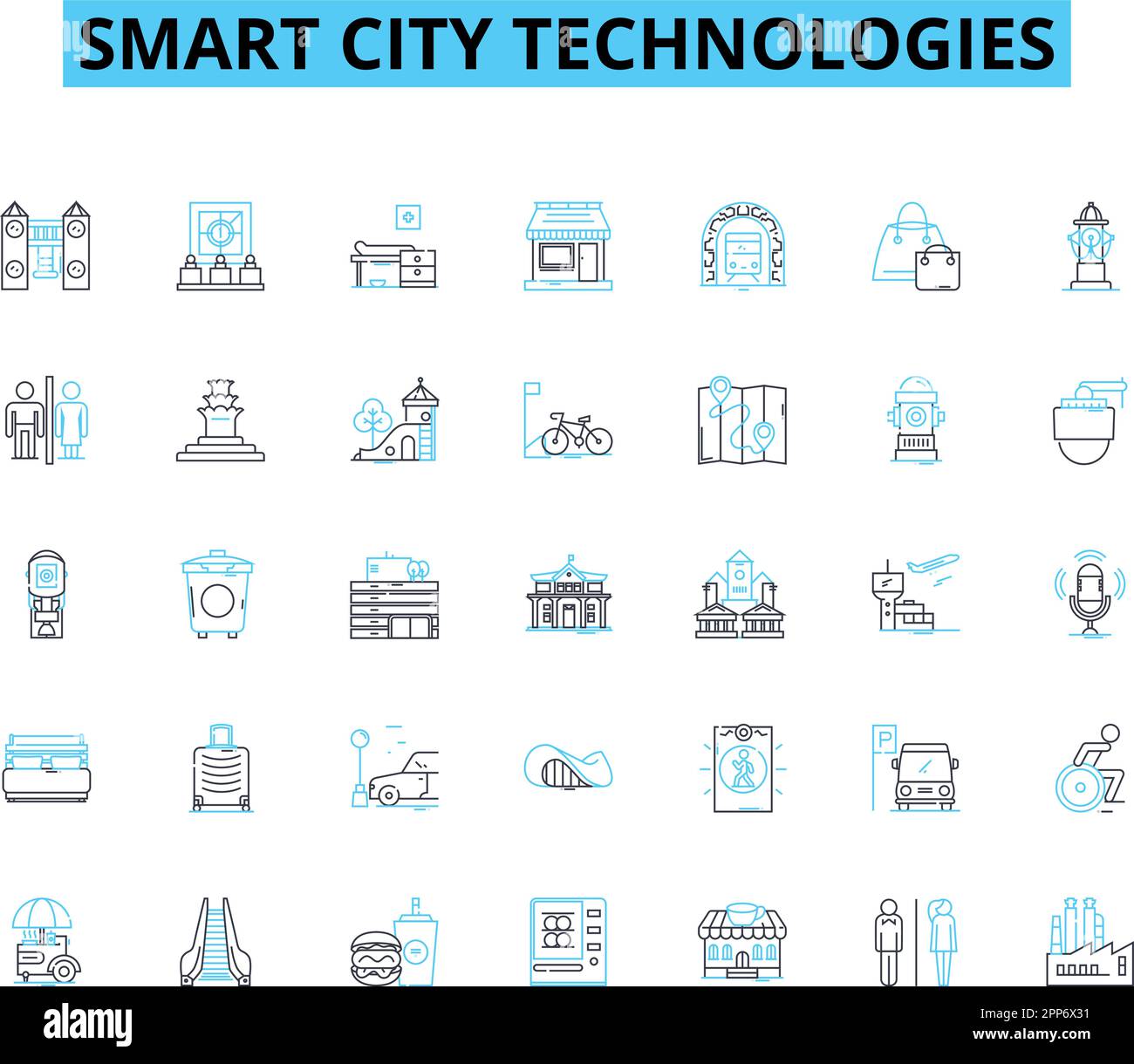 Set di icone lineari per tecnologie smart city. IoT, sostenibilità, automazione, innovazione, digitalizzazione, Connettività, vettore di linea di mobilità e concetto Illustrazione Vettoriale