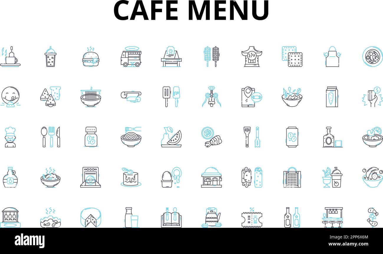 Icone lineari menu Cafe set. Brunch, caffè, dolci, panini, insalate, Smoothies, simboli vettoriali Tea e segni di concetto di linea. Colazione, dessert Illustrazione Vettoriale
