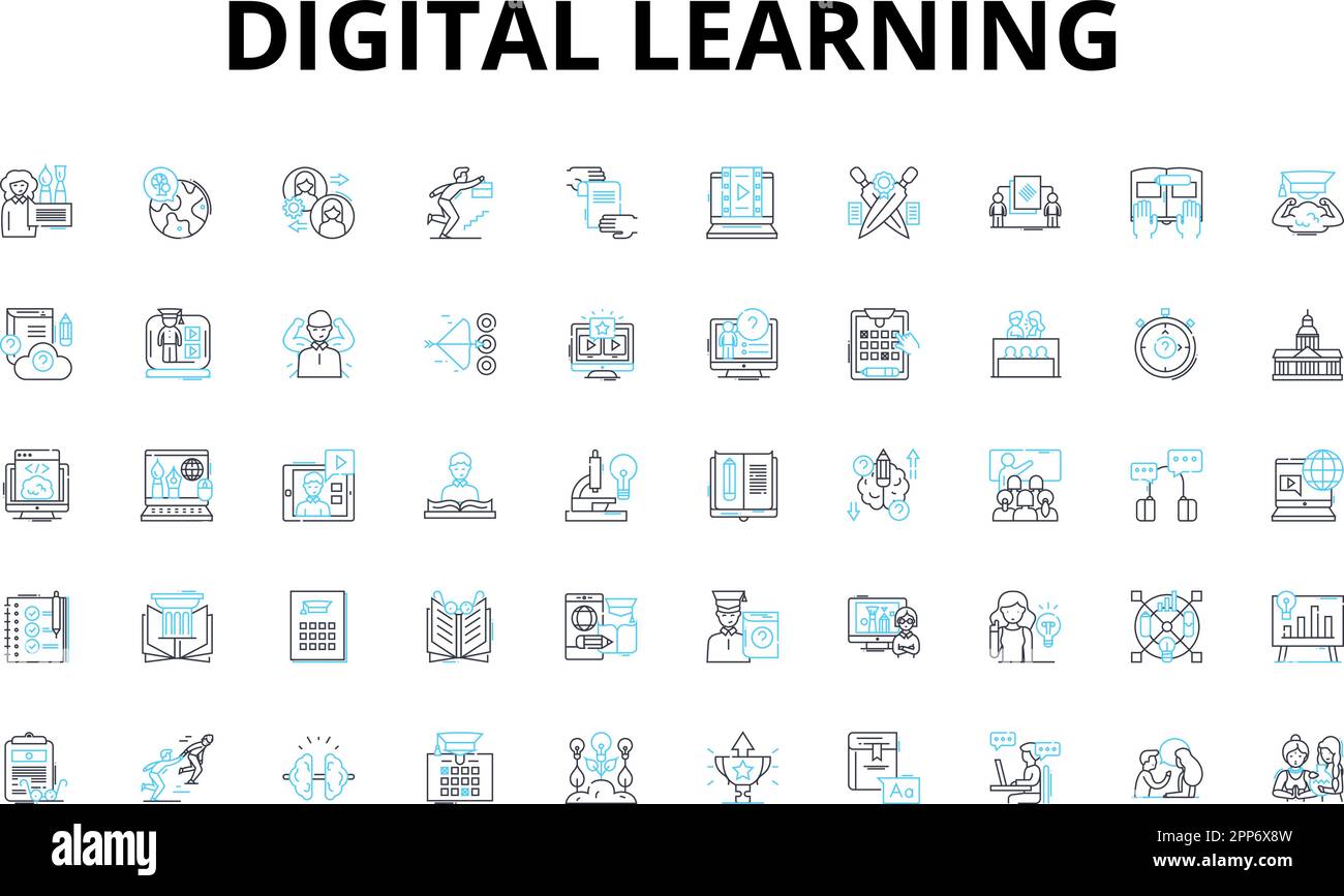 Set di icone lineari per l'apprendimento digitale. E-learning, Corsi online, classi virtuali, formazione a distanza, Corsi Internet, Cyberlearning, basato sulla tecnologia Illustrazione Vettoriale
