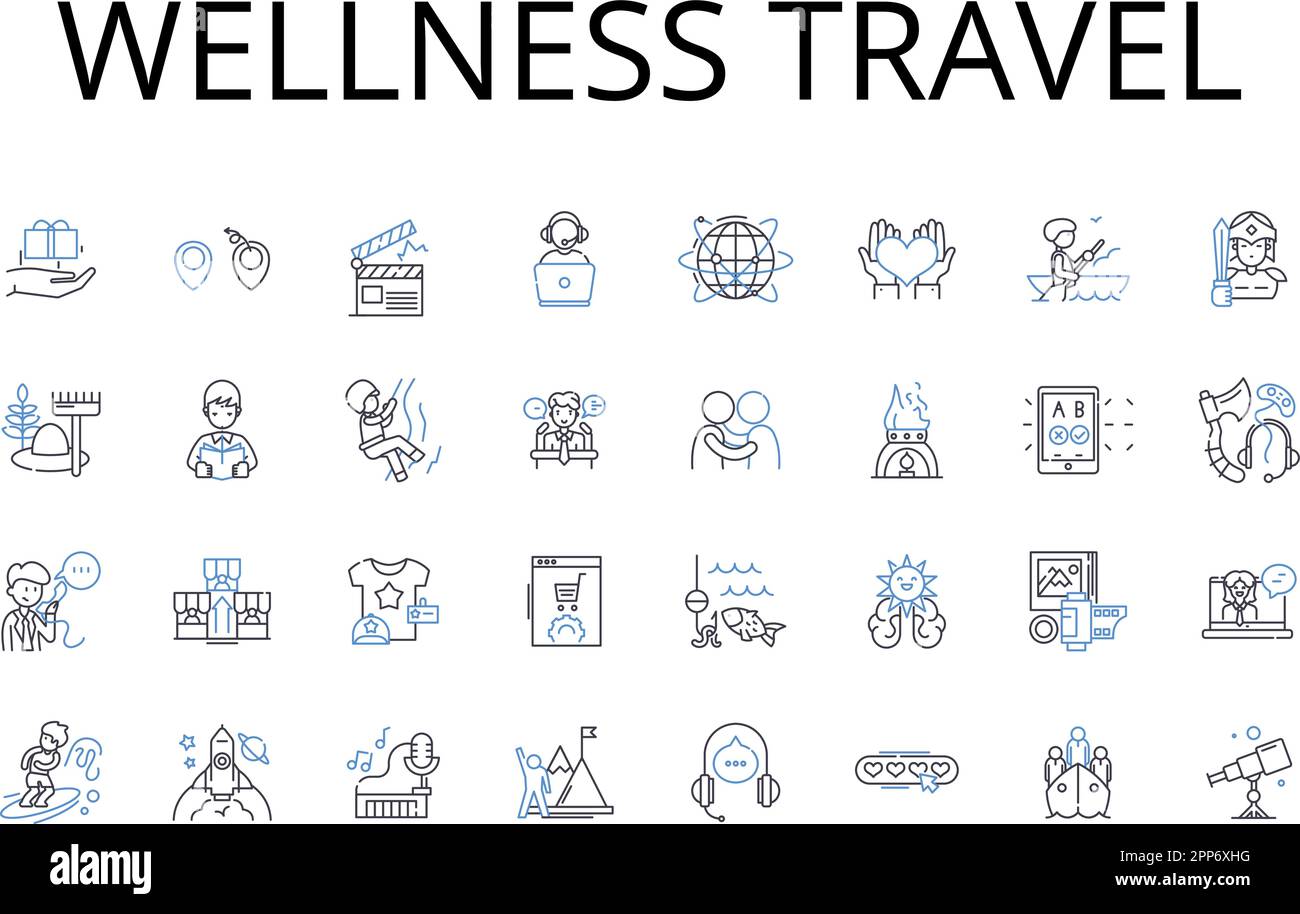 Wellness linea viaggio collezione icone. Eco-turismo, immersione culturale, vacanza avventura, fuga di lusso, rifugio di guarigione, Viaggio educativo Illustrazione Vettoriale
