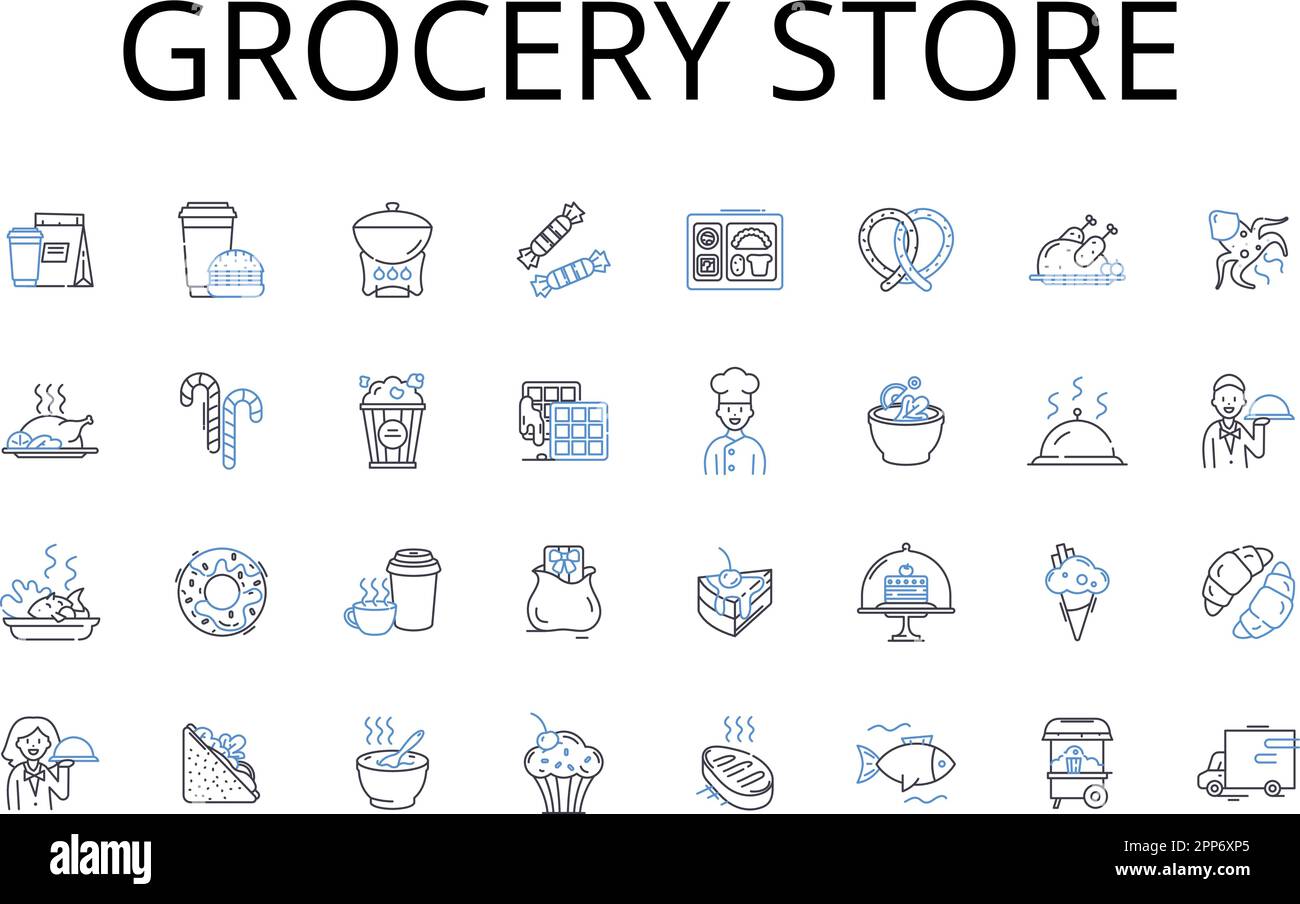 Collezione di icone della linea del negozio di alimentari. Minimarket, supermercato, negozio di articoli da regalo, Corner shop, Market Stall, Negozio di specialità, vettore del mercato alimentare Illustrazione Vettoriale