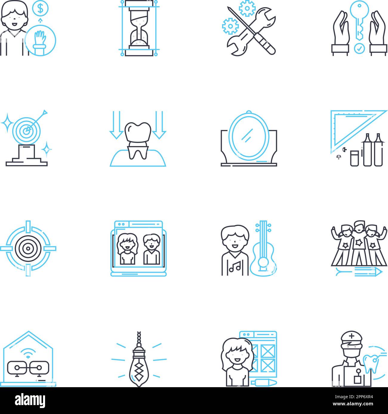 accessori da scrivania icone lineari set. Organizer, cucitrice, calcolatrice, pianificatore, nastro, Forbici, vettore linea penna e segnali concettuali. Matita, gomma, Post-it Illustrazione Vettoriale