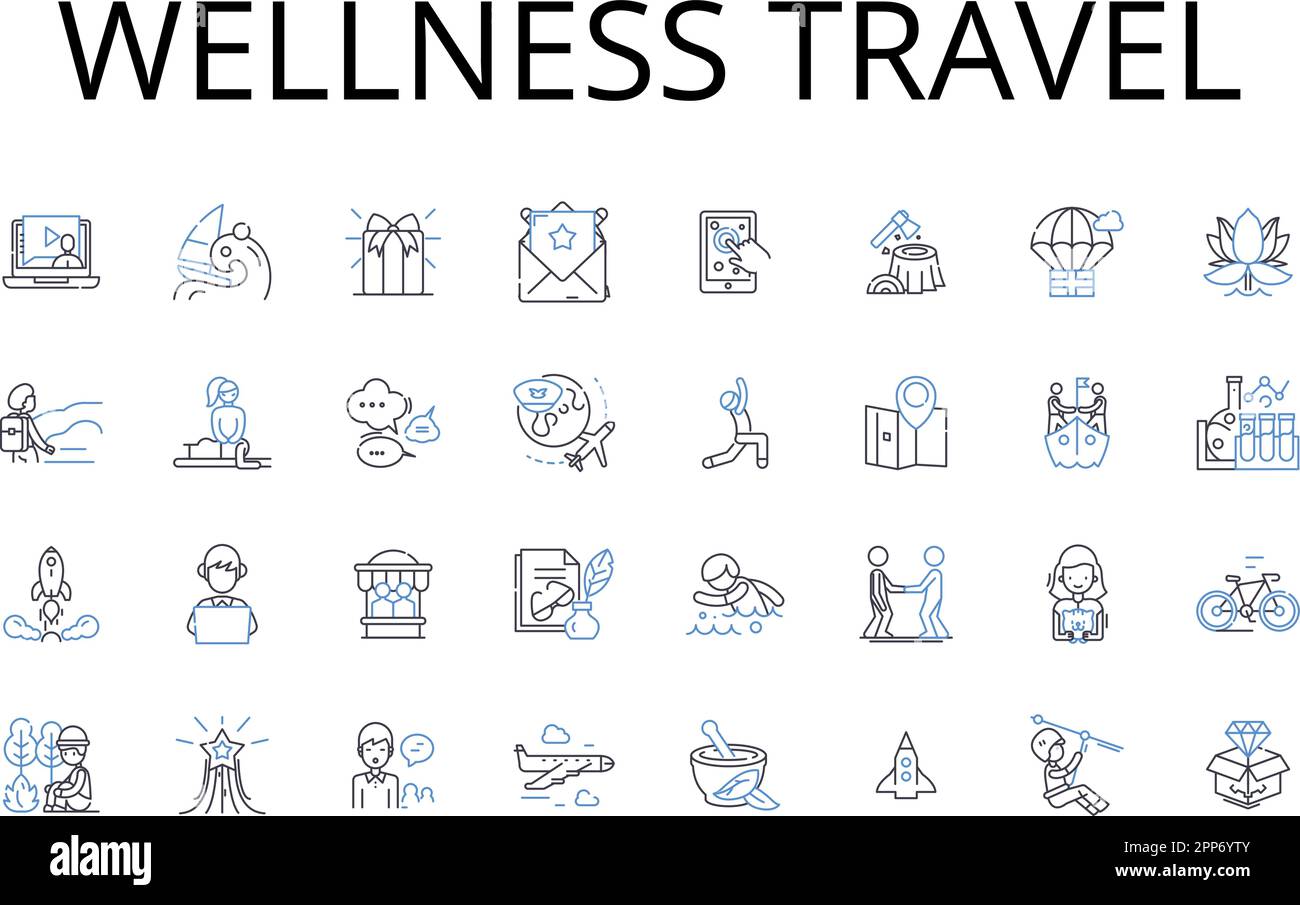 Wellness linea viaggio collezione icone. Eco-turismo, immersione culturale, vacanza avventura, fuga di lusso, rifugio di guarigione, Viaggio educativo Illustrazione Vettoriale