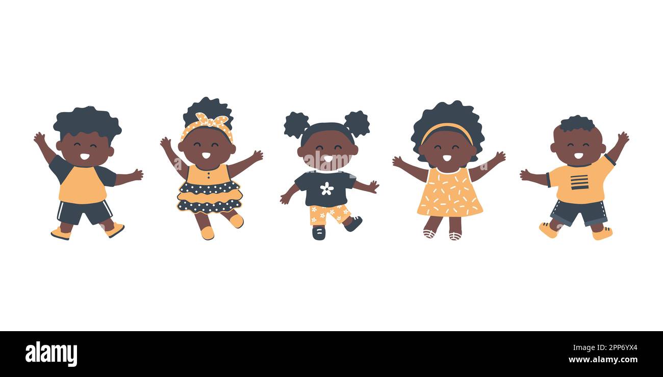 Bambini neri danzanti. Gruppo di ragazze e ragazzi si divertono. Simpatici personaggi dei cartoni animati. Illustrazione vettoriale Illustrazione Vettoriale
