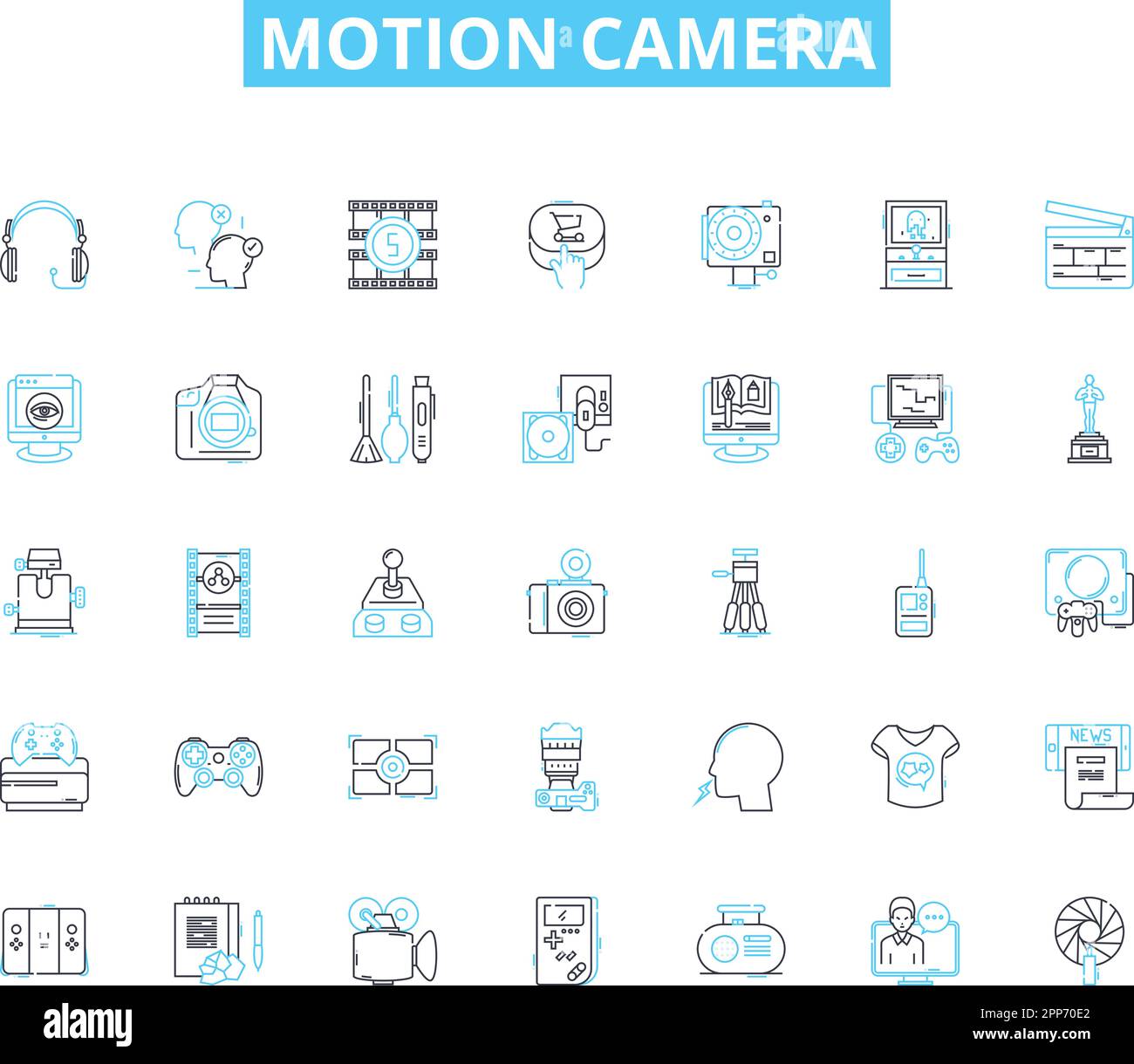 Icone lineari della telecamera di movimento impostate. Azione, Avventura, impermeabile, durata, qualità, Bike, linea escursionistica vettoriale e segnaletica concettuale. Alpinismo Illustrazione Vettoriale