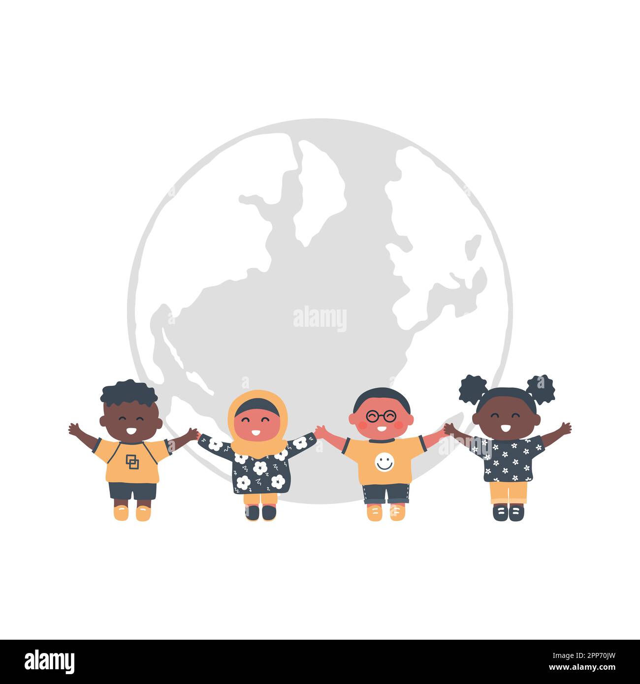Gruppo multiculturale di bambini che tengono le mani. I bambini si trovano sullo sfondo del globo. Ragazze e ragazzi felici. Illustrazione vettoriale. Illustrazione Vettoriale
