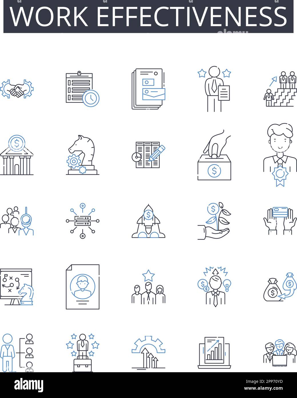 Raccolta di icone della linea di efficacia del lavoro. Sinergia del team, coinvolgimento dei dipendenti, efficienza delle attività, produttività delle riunioni, gestione del tempo, Utilizzo delle competenze Illustrazione Vettoriale