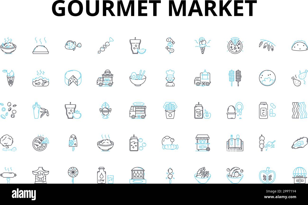 Set di icone lineari del mercato gourmet. Artigianale, biologico, specialità, locale, unico, Qualità, nuovi simboli vettoriali e segni di concetto di linea. Esotico, importato Illustrazione Vettoriale