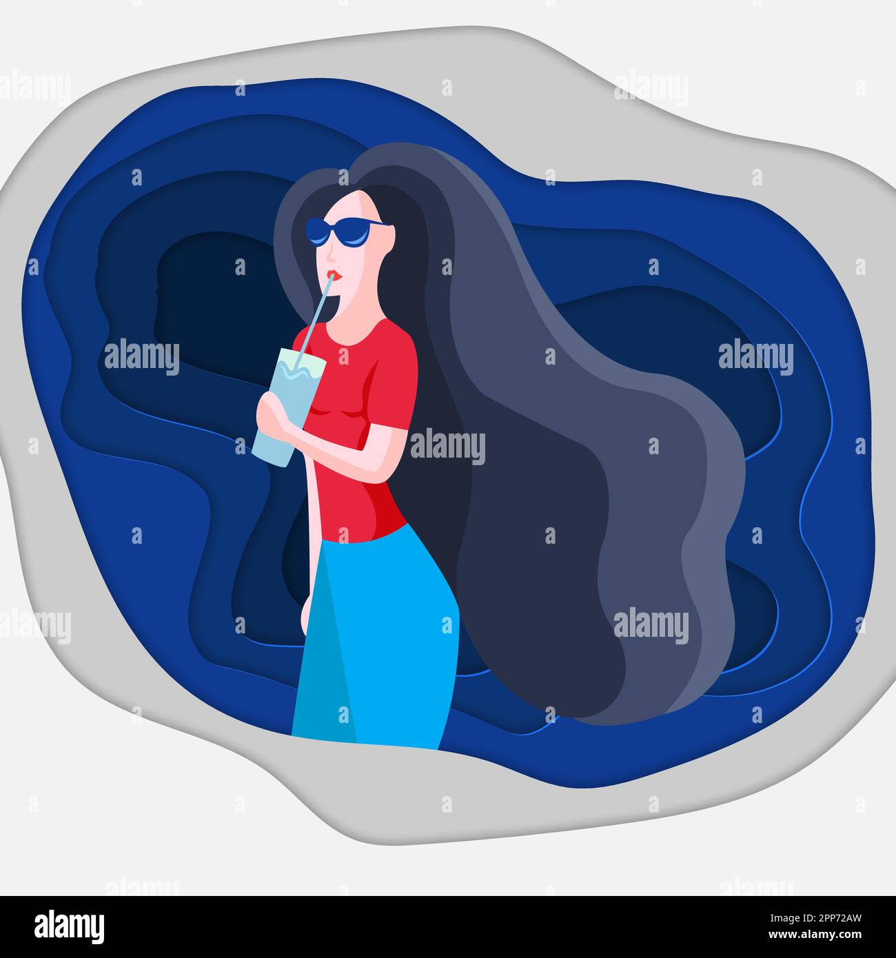 Bella ragazza dinamica con acqua. Concetto di stile di vita sano. Illustrazione di cartoni animati vettoriali isolati su sfondo bianco. Donna che beve un bicchiere di wate Illustrazione Vettoriale