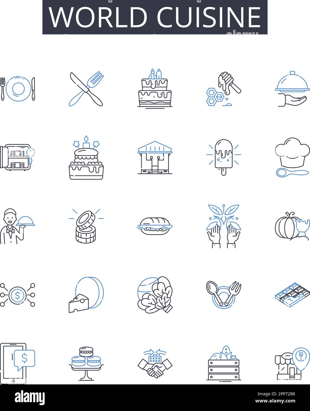 Collezione icone linea cucina mondiale. Raffinata cucina, prodotti freschi, cucina costiera, Gourmet Food, sapori salati, Ingredienti ricchi, piatti regionali Illustrazione Vettoriale