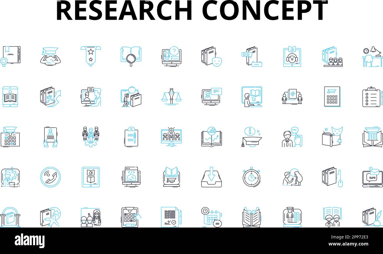 Set di icone lineari del concetto di ricerca. Sperimentazione, metodologia, ipotesi, dati, analisi, Statistiche, simboli vettoriali di rilievo e segnali di concetto di linea Illustrazione Vettoriale