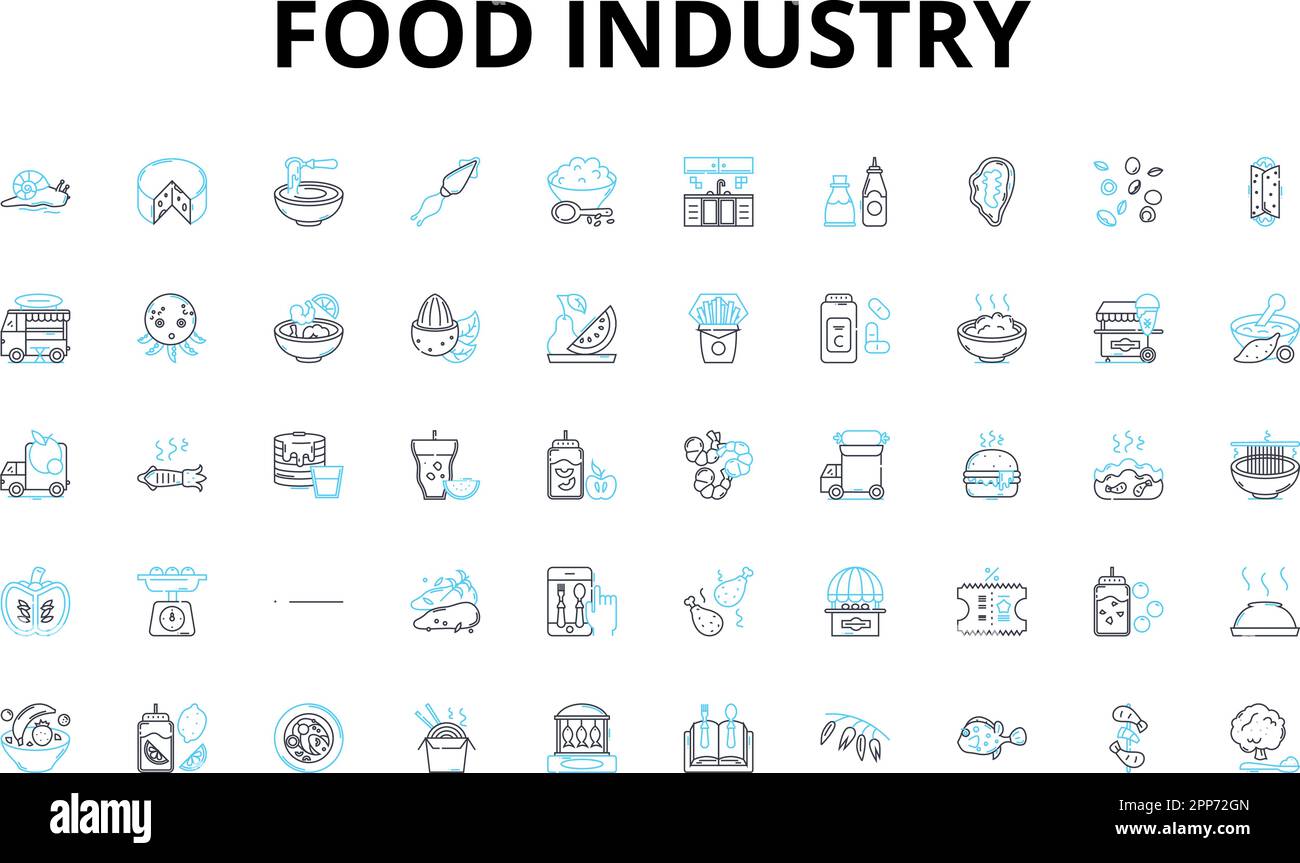 Set di icone lineari per l'industria alimentare. Agricoltura, Farming, pesca, bestiame, raccolto, Cucina, simboli vettoriali del ristorante e segni di concetto di linea Illustrazione Vettoriale
