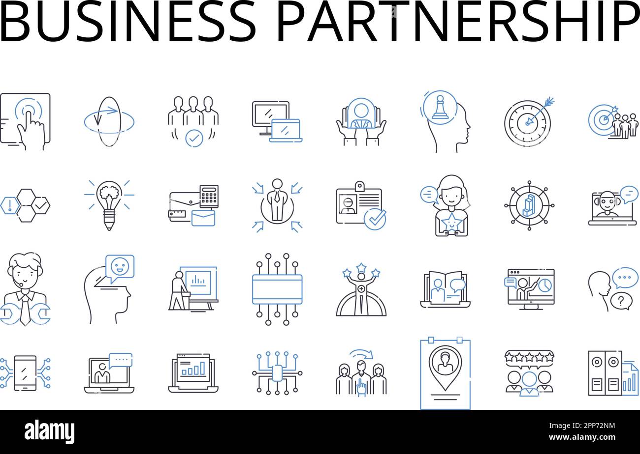 Business partnership linea icone raccolta. Alleanza amichevole, impresa collaborativa, accordo reciproco, accordo cooperativo, operazione congiunta Illustrazione Vettoriale