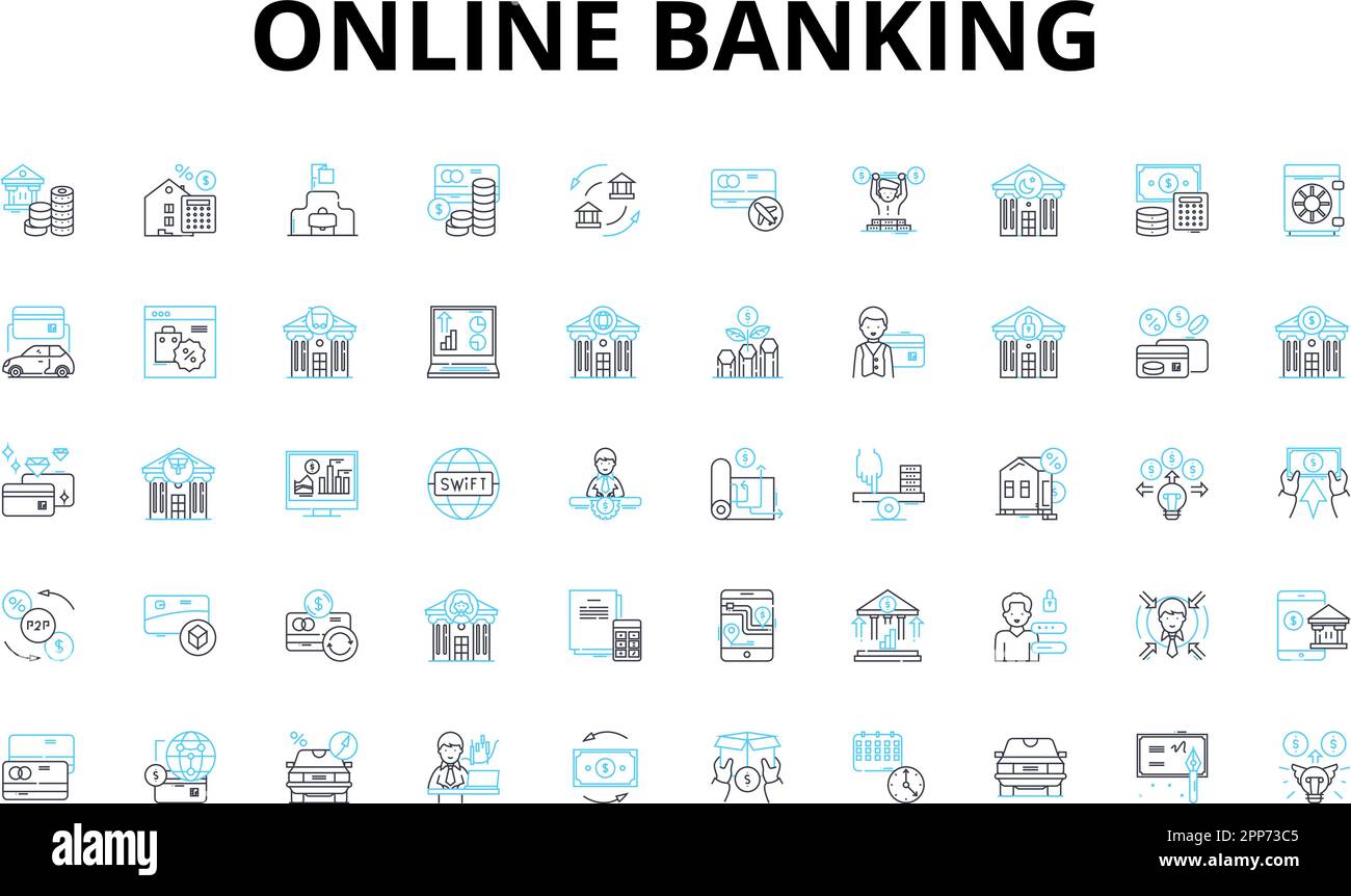 Set di icone lineari per il banking online. Sicuro, conveniente, accessibile, mobile, digitale, Simboli vettoriali efficienti e sicuri e segnali di concetto di linea. Trusrthy, veloce Illustrazione Vettoriale